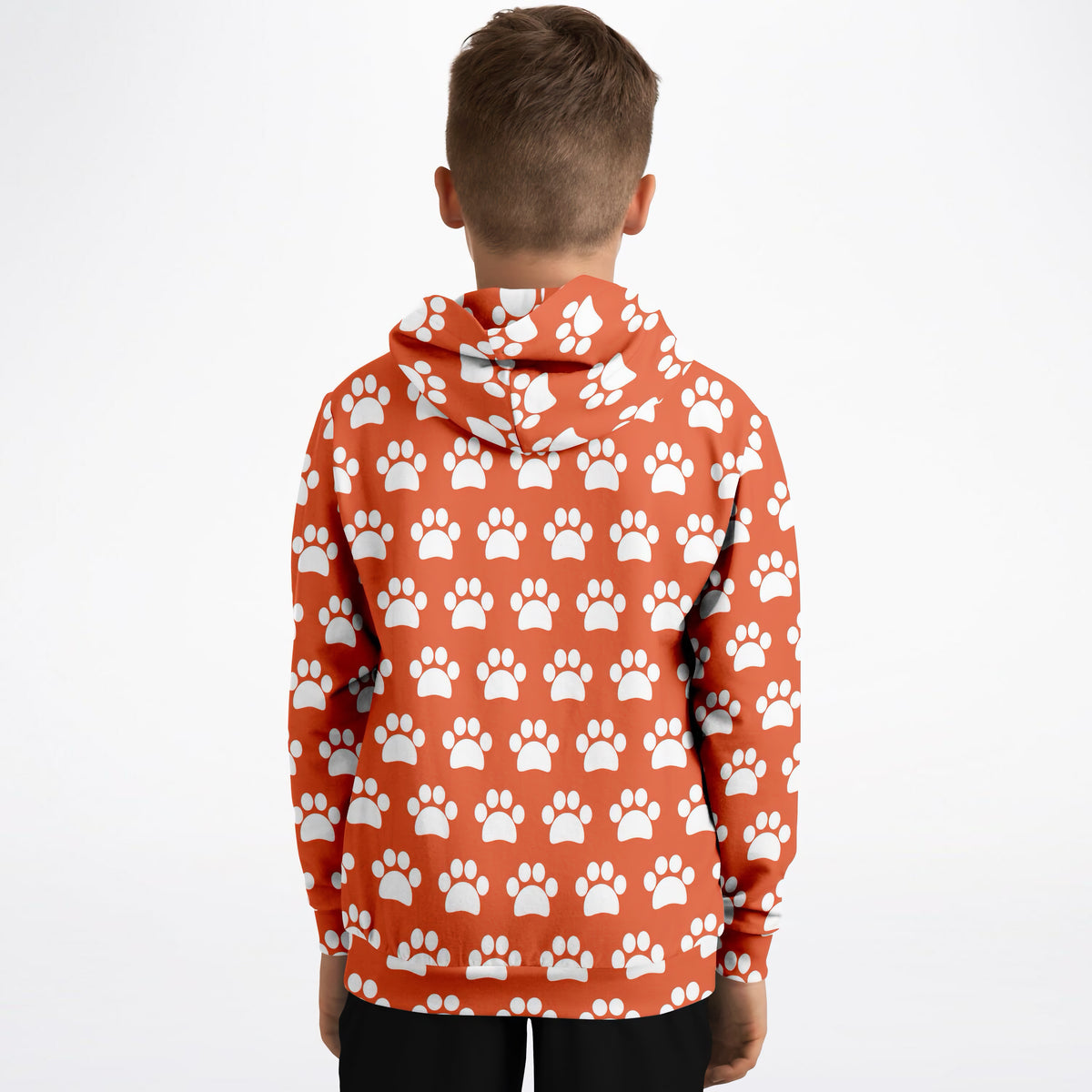 Kids Orange Paw Print Hoodie – Ultra Comfy & Stretchy, Cozy Fleece or Lightweight Sports Fabric, Double-Layer Hood & Kangaroo Pocket