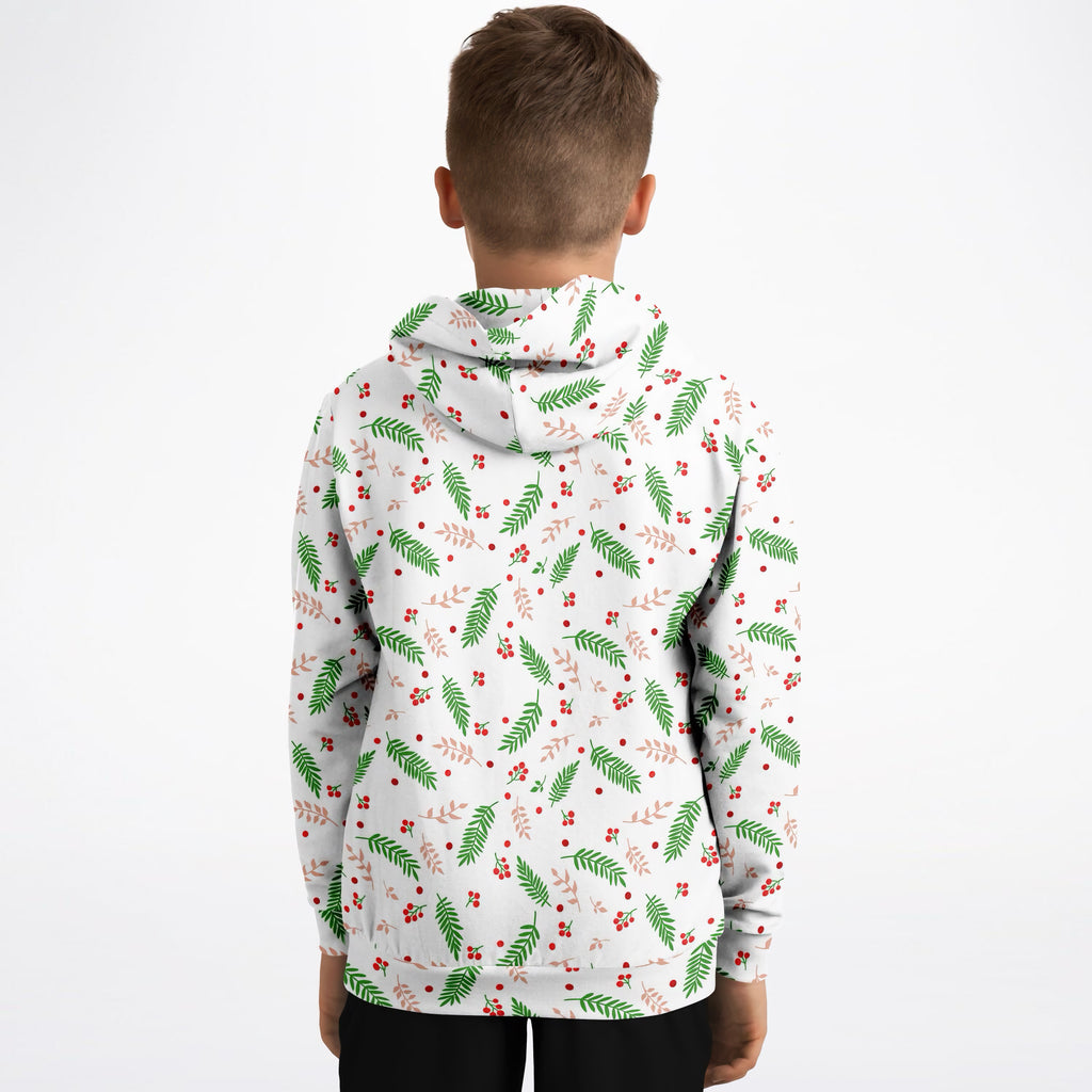 Kids Christmas Holly Berry & Evergreen Hoodie – Ultra Comfy & Stretchy, Cozy Fleece or Lightweight Sports Fabric, Double-Layer Hood & Kangaroo Pocket
