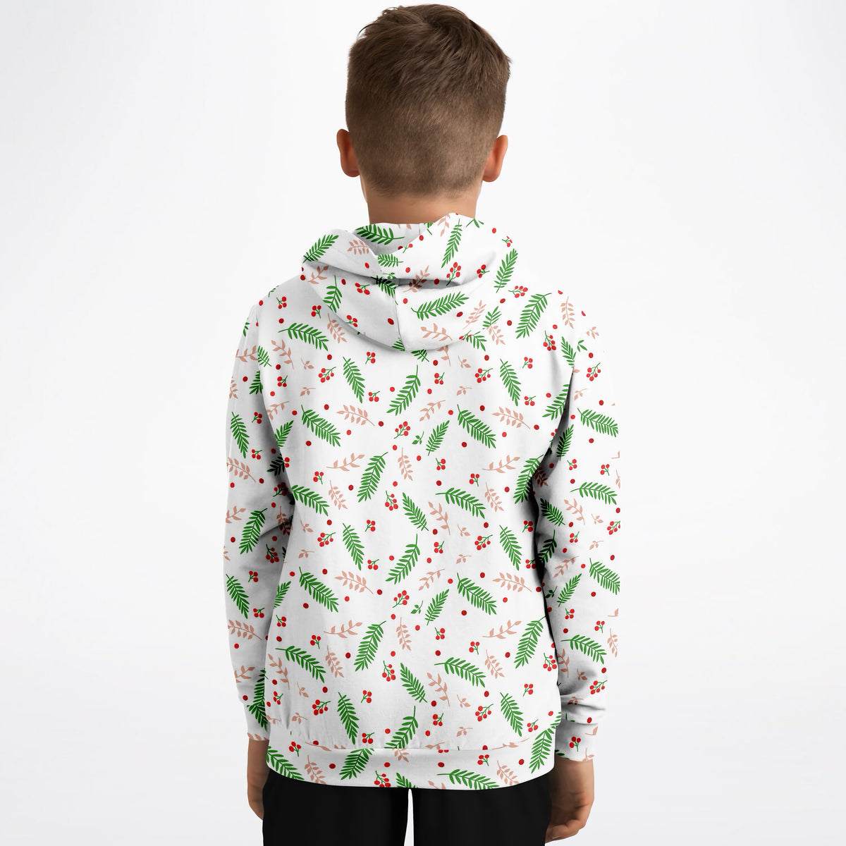 Kids Christmas Holly Berry & Evergreen Hoodie – Ultra Comfy & Stretchy, Cozy Fleece or Lightweight Sports Fabric, Double-Layer Hood & Kangaroo Pocket