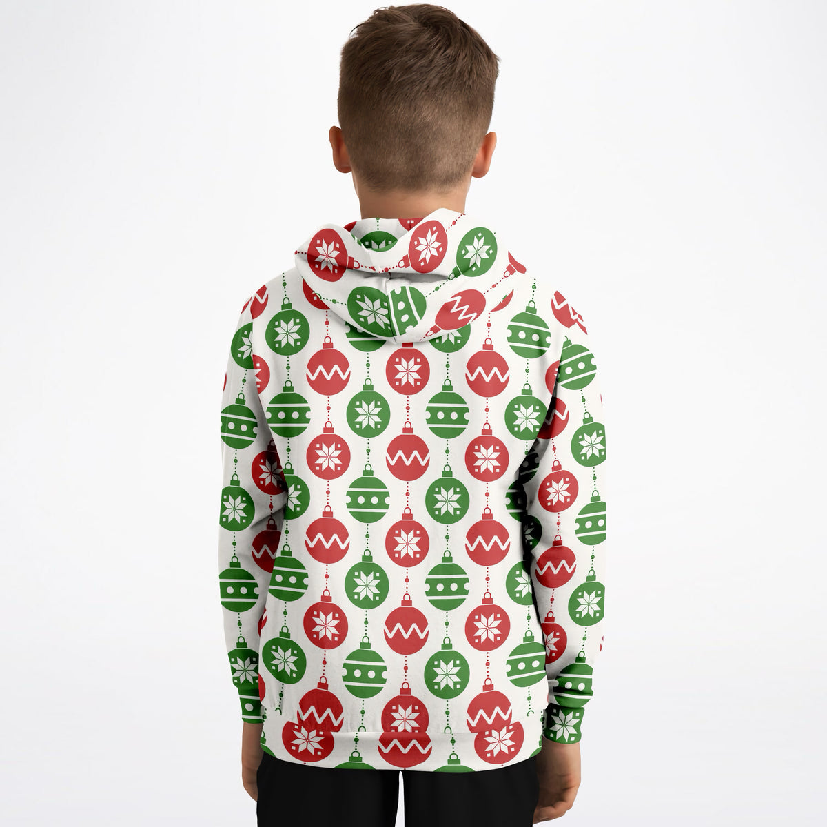 Kids Christmas Red & Green Christmas Ornaments Hoodie – Ultra Comfy & Stretchy, Cozy Fleece or Lightweight Sports Fabric, Double-Layer Hood & Kangaroo Pocket