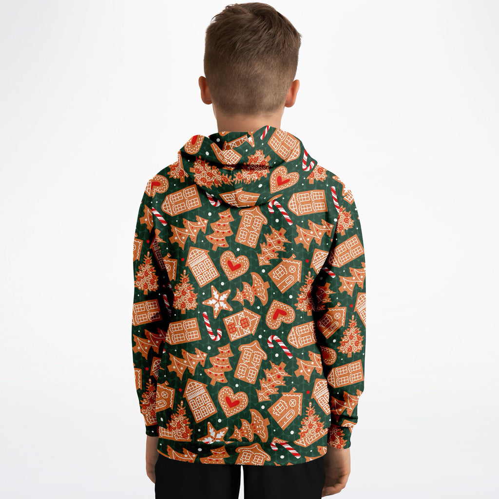 Kids Green Gingerbread Cookies Christmas Hoodie – Ultra Comfy & Stretchy, Cozy Fleece or Lightweight Sports Fabric, Double-Layer Hood & Kangaroo Pocket