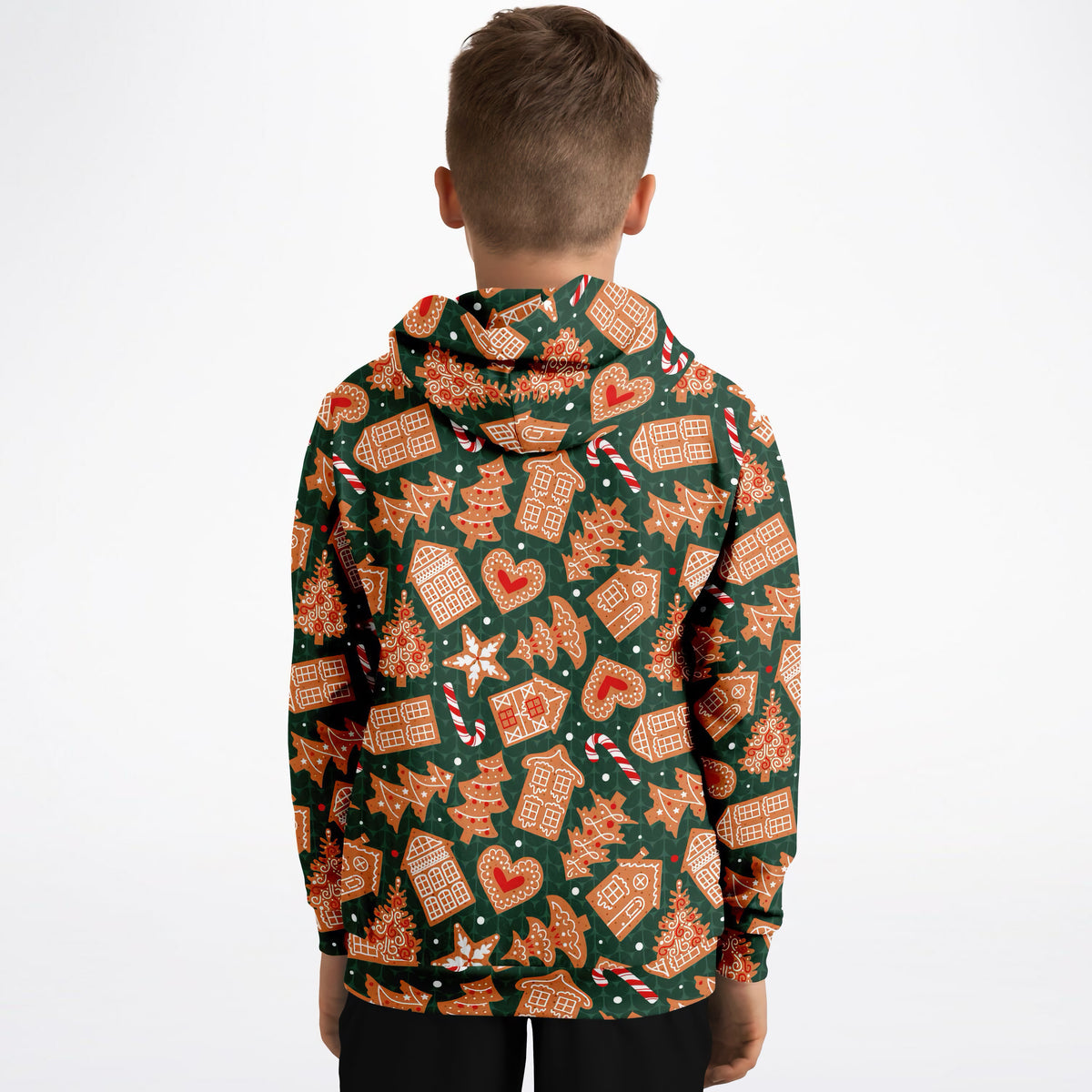 Kids Green Gingerbread Cookies Christmas Hoodie – Ultra Comfy & Stretchy, Cozy Fleece or Lightweight Sports Fabric, Double-Layer Hood & Kangaroo Pocket