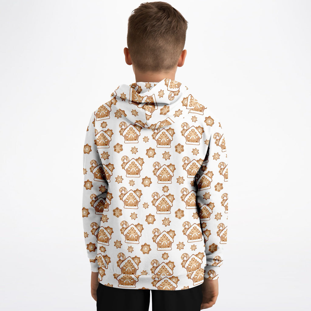 Kids Gingerbread House Christmas Hoodie – Ultra Comfy & Stretchy, Cozy Fleece or Lightweight Sports Fabric, Double-Layer Hood & Kangaroo Pocket