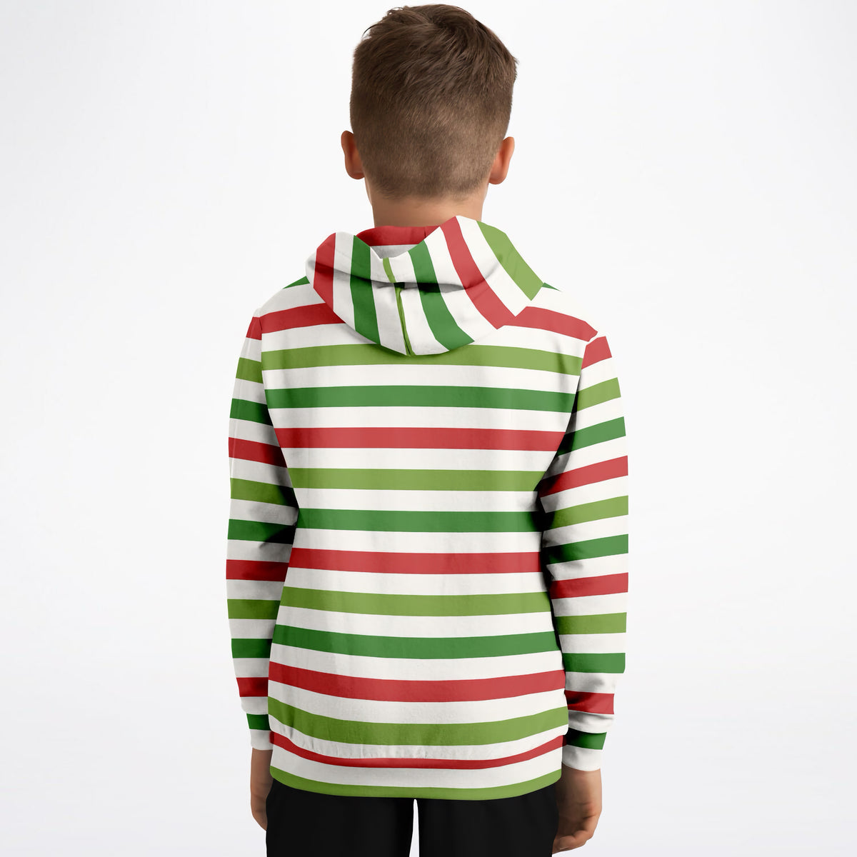 Kids Christmas Red & Green Striped Hoodie – Ultra Comfy & Stretchy, Cozy Fleece or Lightweight Sports Fabric, Double-Layer Hood & Kangaroo Pocket