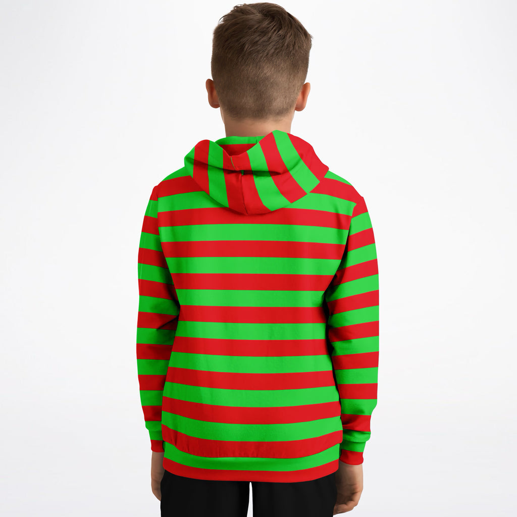Kids Striped Red & Green Christmas Hoodie – Ultra Comfy & Stretchy, Cozy Fleece or Lightweight Sports Fabric, Double-Layer Hood & Kangaroo Pocket