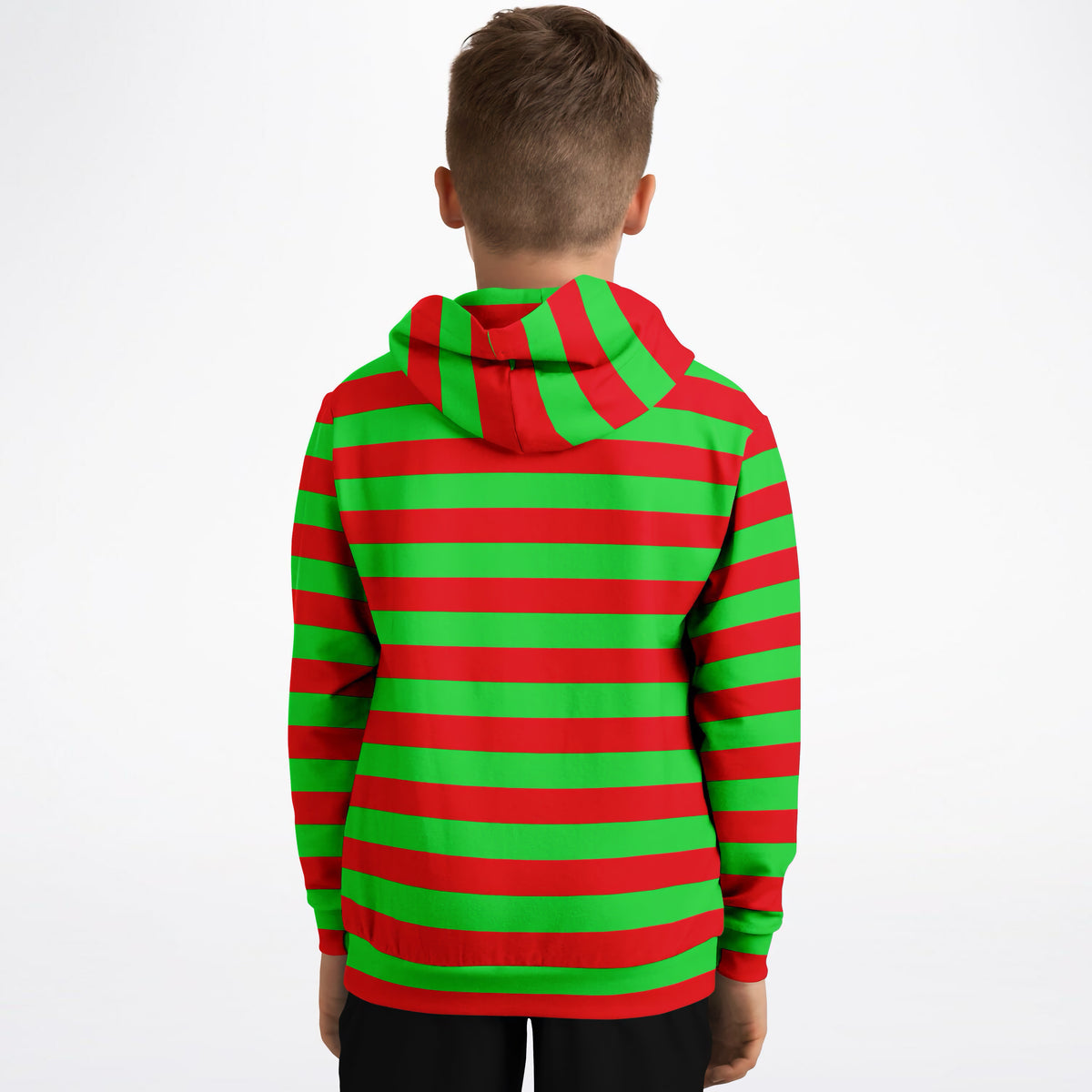 Kids Striped Red & Green Christmas Hoodie – Ultra Comfy & Stretchy, Cozy Fleece or Lightweight Sports Fabric, Double-Layer Hood & Kangaroo Pocket