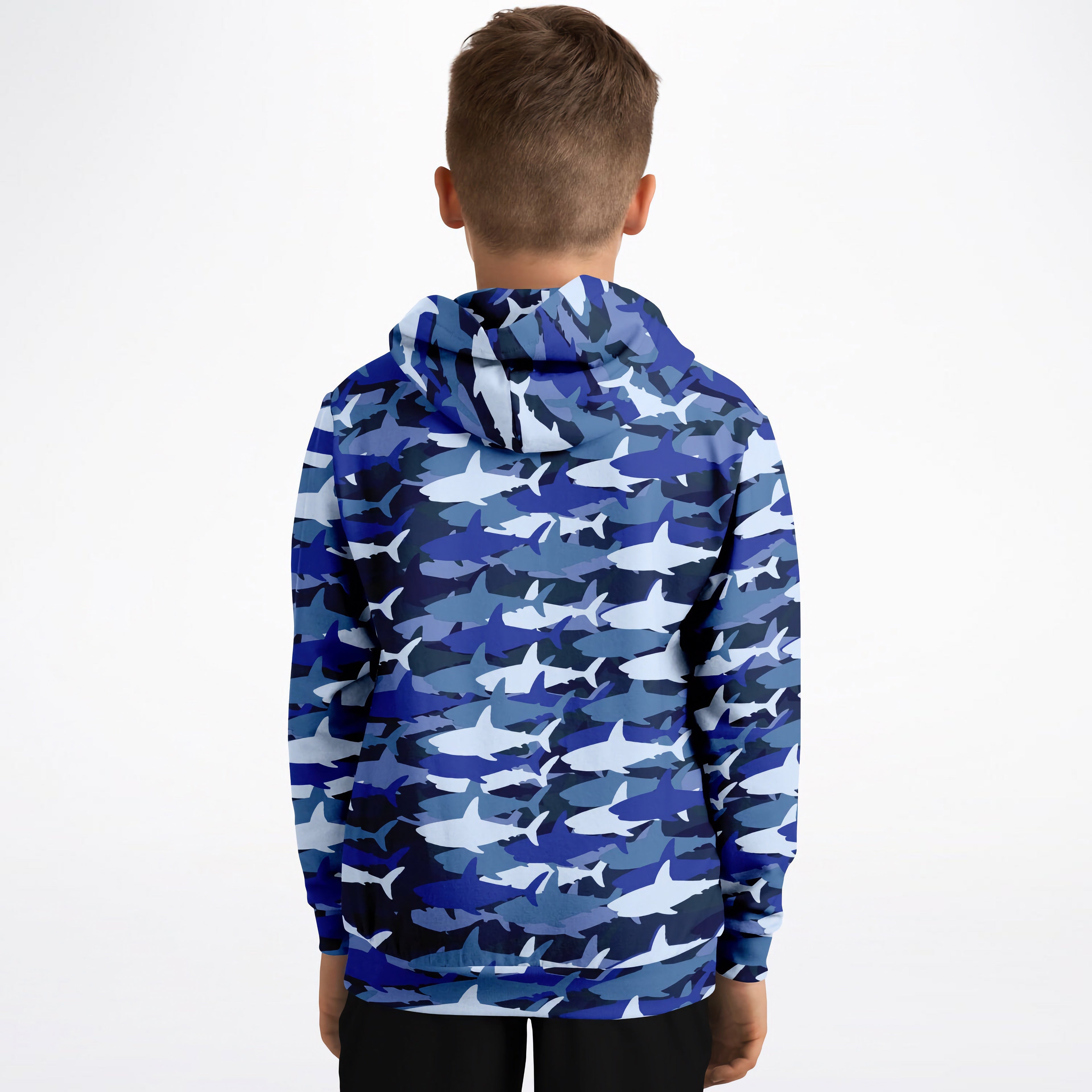 Kids blue shark hoodie with camouflage design made of cozy cotton fleece or lightweight sports fabric