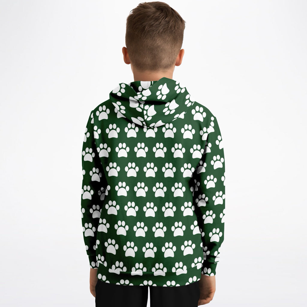 Kids Forest Green Paw Print Hoodie – Ultra Comfy & Stretchy, Cozy Fleece or Lightweight Sports Fabric, Double-Layer Hood & Kangaroo Pocket