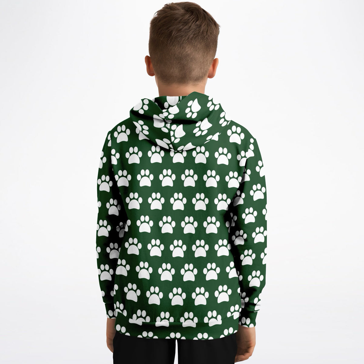 Kids Forest Green Paw Print Hoodie – Ultra Comfy & Stretchy, Cozy Fleece or Lightweight Sports Fabric, Double-Layer Hood & Kangaroo Pocket
