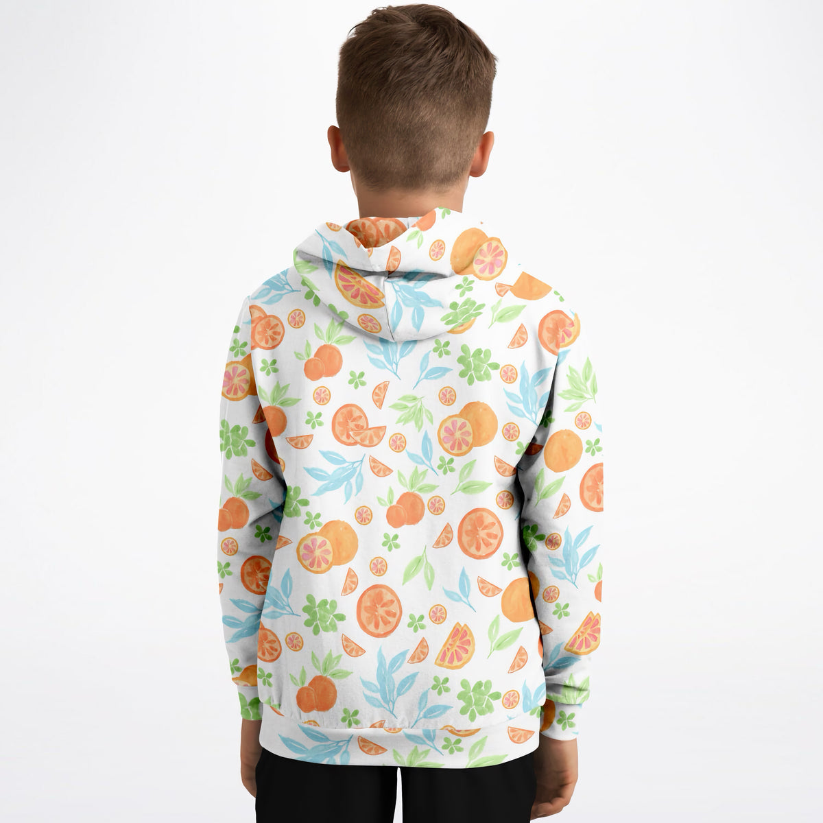 Kids Watercolor Orange Citrus Hoodie – Ultra Comfy & Stretchy, Cozy Fleece or Lightweight Sports Fabric, Double-Layer Hood & Kangaroo Pocket