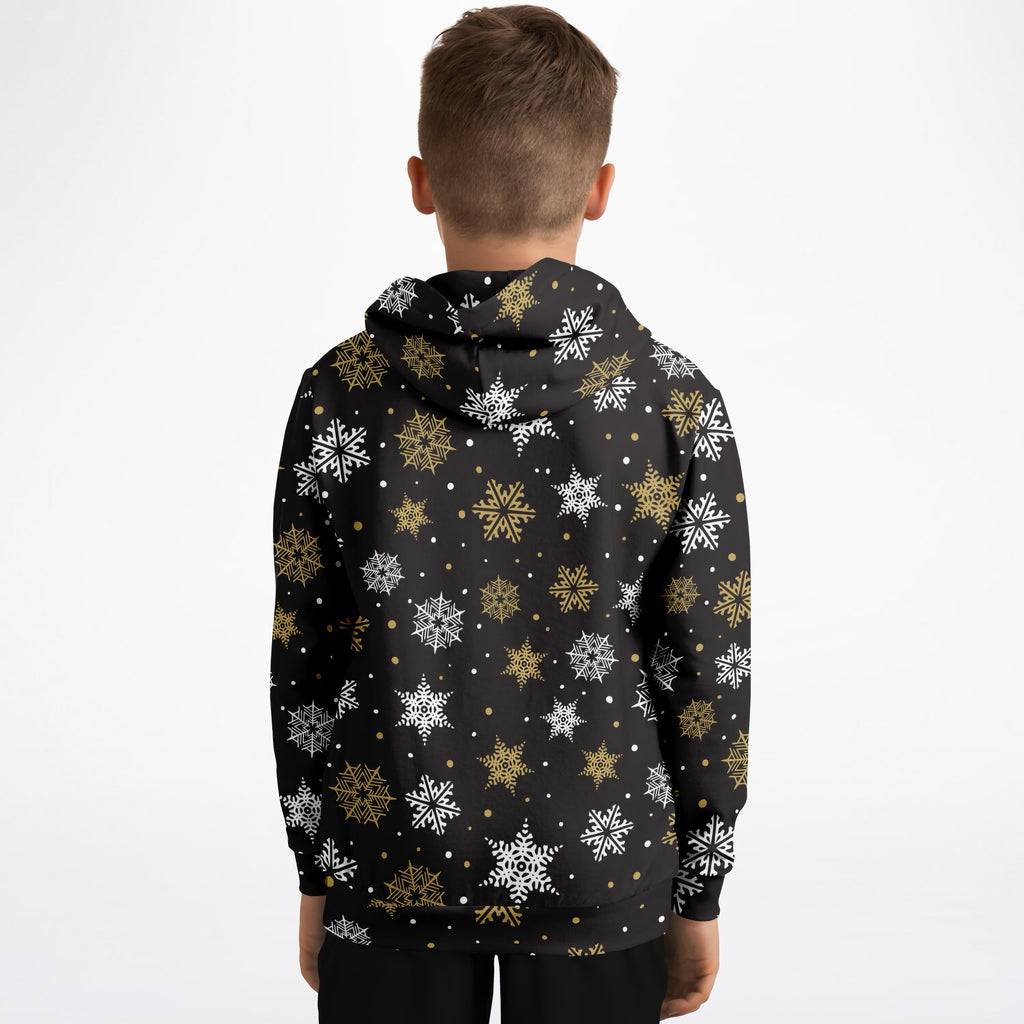 Kids Dark Brown, Gold & White Snowflake Christmas Hoodie – Ultra Comfy & Stretchy, Cozy Fleece or Lightweight Sports Fabric, Double-Layer Hood & Kangaroo Pocket
