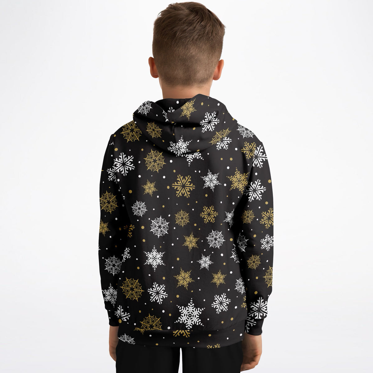 Kids Dark Brown, Gold & White Snowflake Christmas Hoodie – Ultra Comfy & Stretchy, Cozy Fleece or Lightweight Sports Fabric, Double-Layer Hood & Kangaroo Pocket