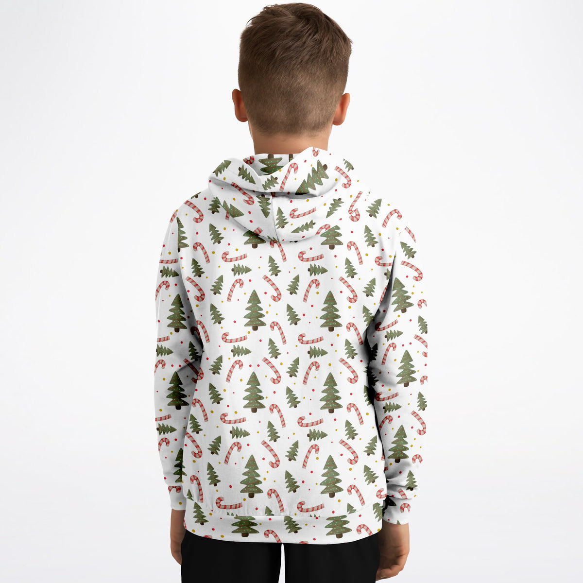 Kids Christmas Tree Candy Cane Hoodie – Ultra Comfy & Stretchy, Cozy Fleece or Lightweight Sports Fabric, Double-Layer Hood & Kangaroo Pocket