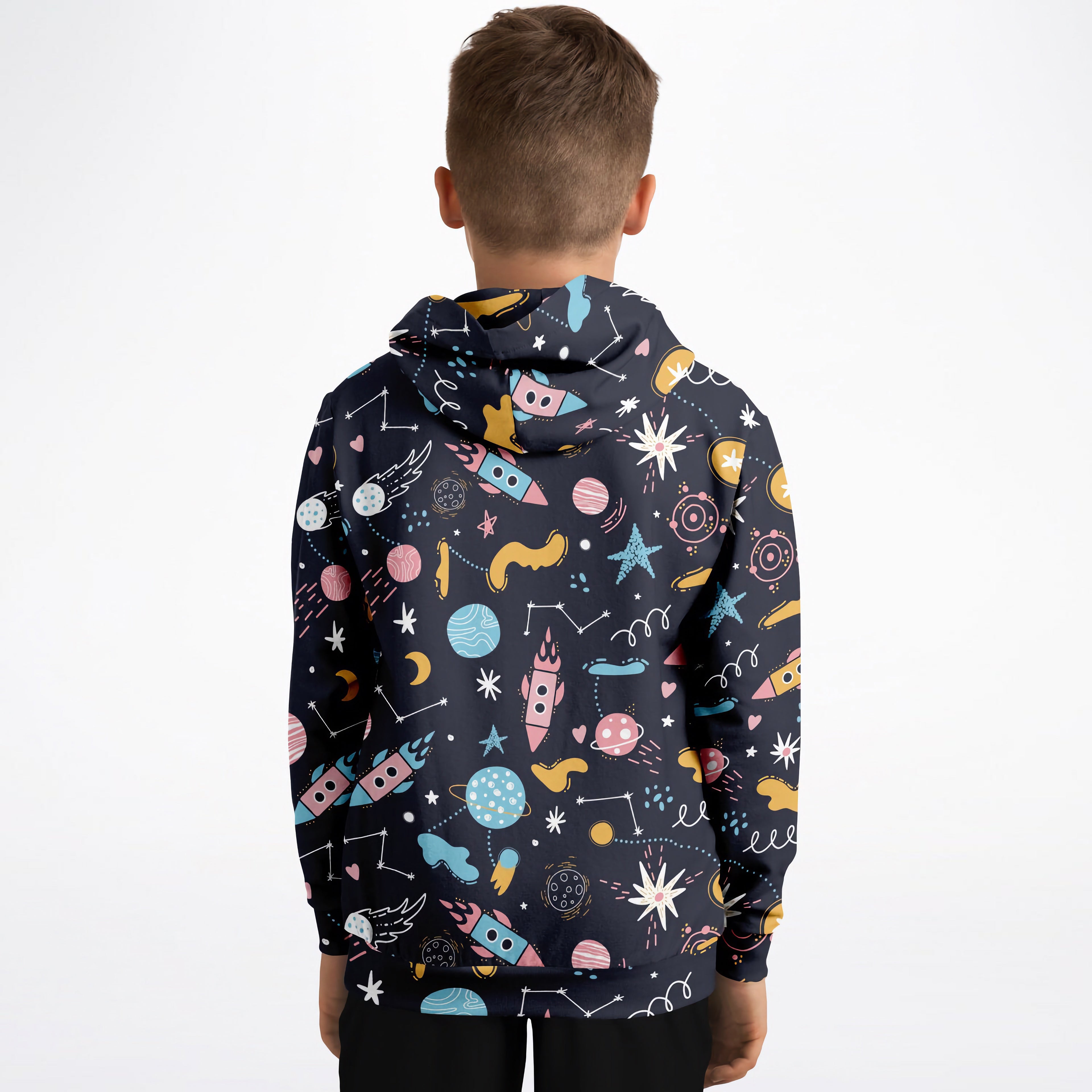 Dark blue kids outer space hoodie with playful pastel rockets planets stars made of cozy cotton fleece