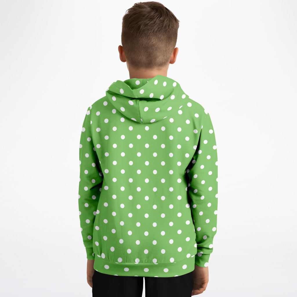 Kids Green Polka Dot Hoodie – Ultra Comfy & Stretchy, Cozy Fleece or Lightweight Sports Fabric, Double-Layer Hood & Kangaroo Pocket