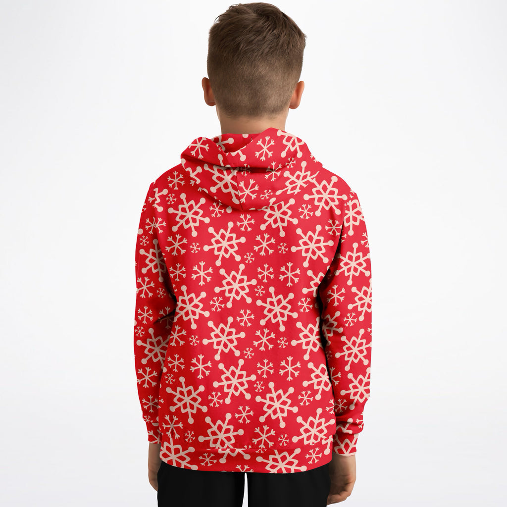 Kids Red Snowflake Christmas Hoodie – Ultra Comfy & Stretchy, Cozy Fleece or Lightweight Sports Fabric, Double-Layer Hood & Kangaroo Pocket