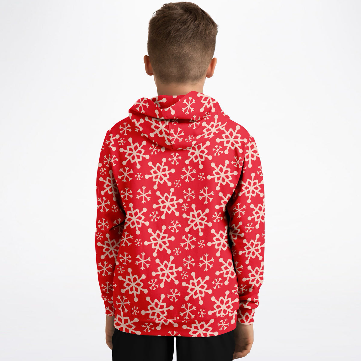 Kids Red Snowflake Christmas Hoodie – Ultra Comfy & Stretchy, Cozy Fleece or Lightweight Sports Fabric, Double-Layer Hood & Kangaroo Pocket