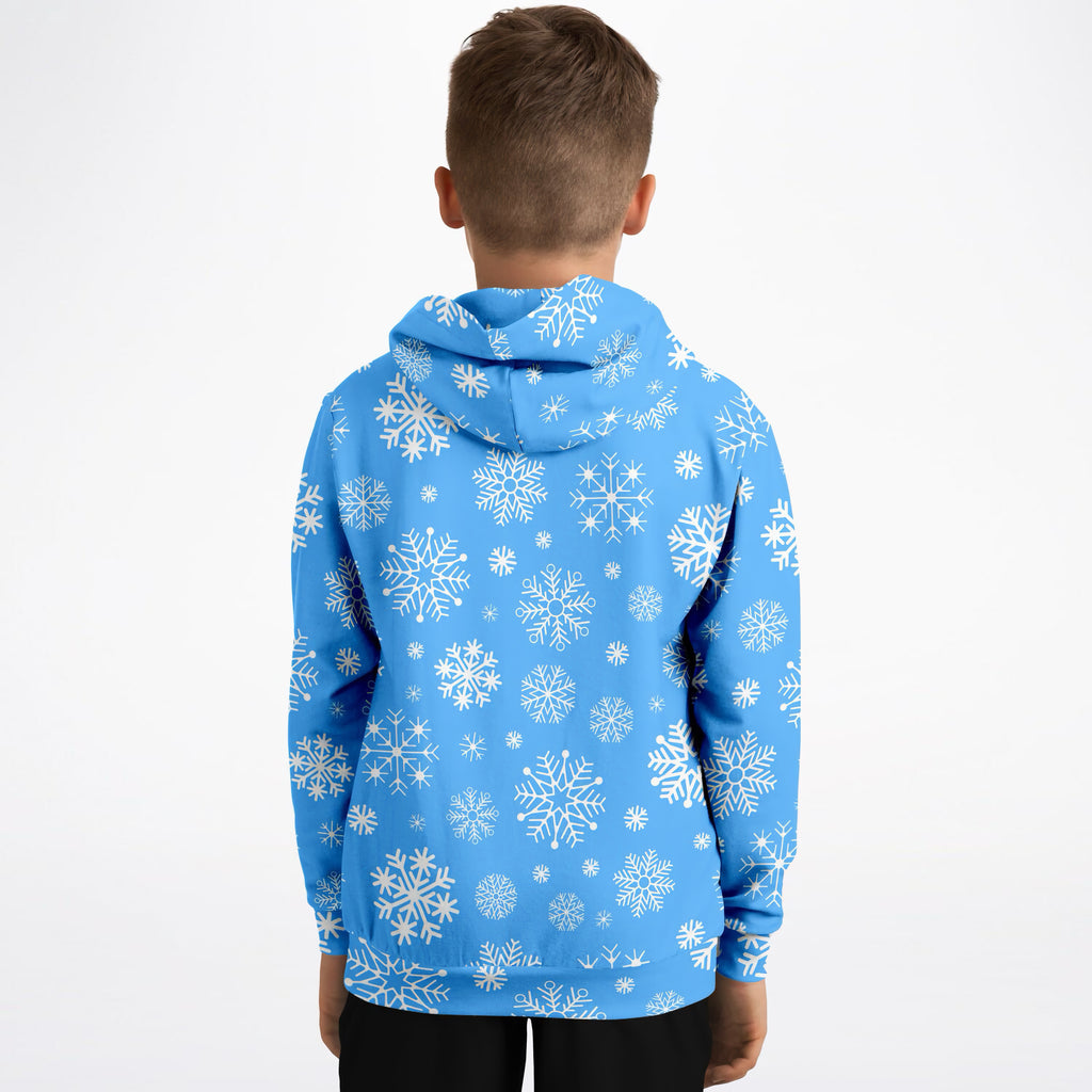 Kids Blue Snowflake Christmas Hoodie – Ultra Comfy & Stretchy, Cozy Fleece or Lightweight Sports Fabric, Double-Layer Hood & Kangaroo Pocket