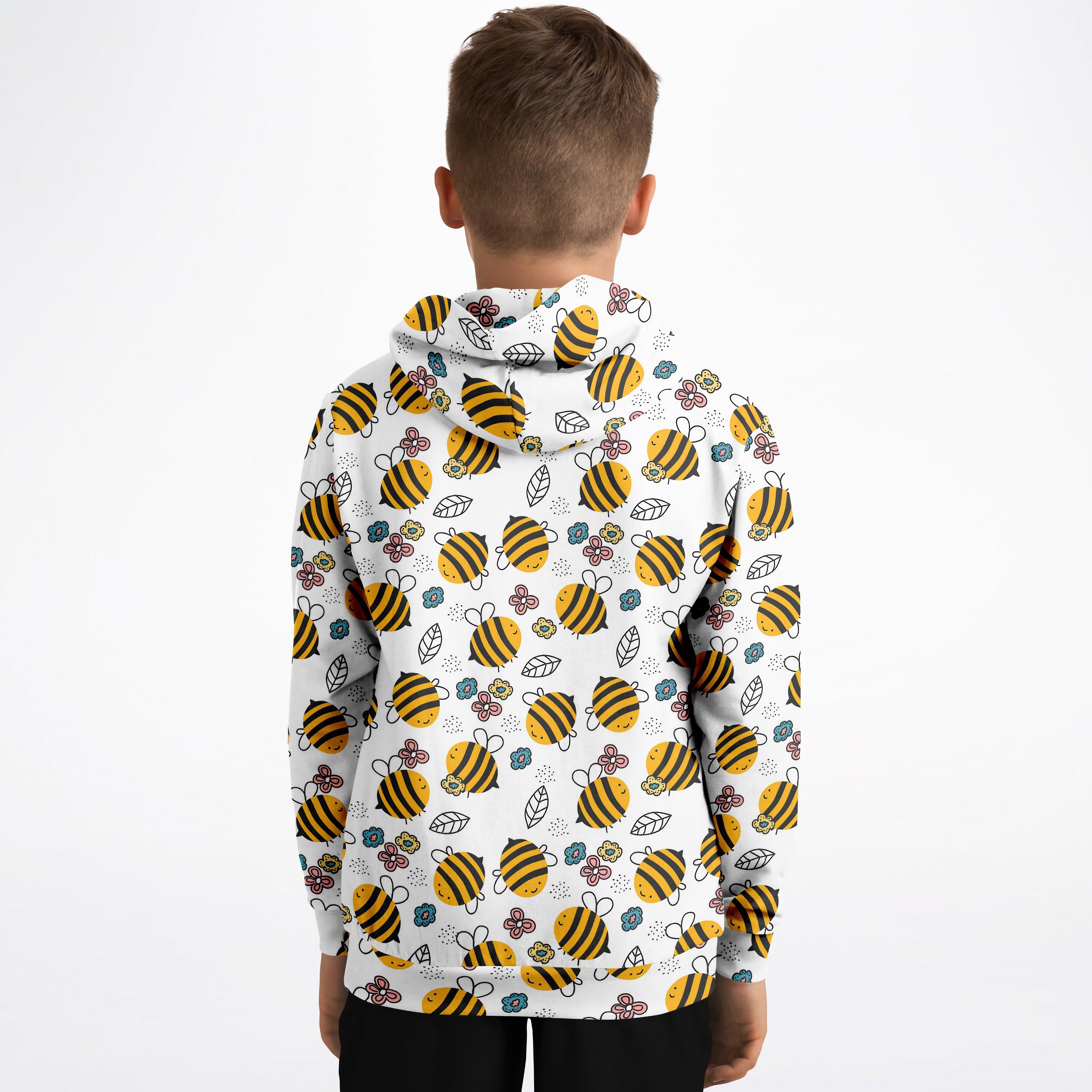 White kids hoodie with yellow and black bee pattern and colorful flowers in cozy cotton fleece fabric