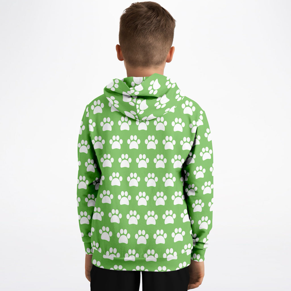 Kids Green Paw Print Hoodie – Ultra Comfy & Stretchy, Cozy Fleece or Lightweight Sports Fabric, Double-Layer Hood & Kangaroo Pocket