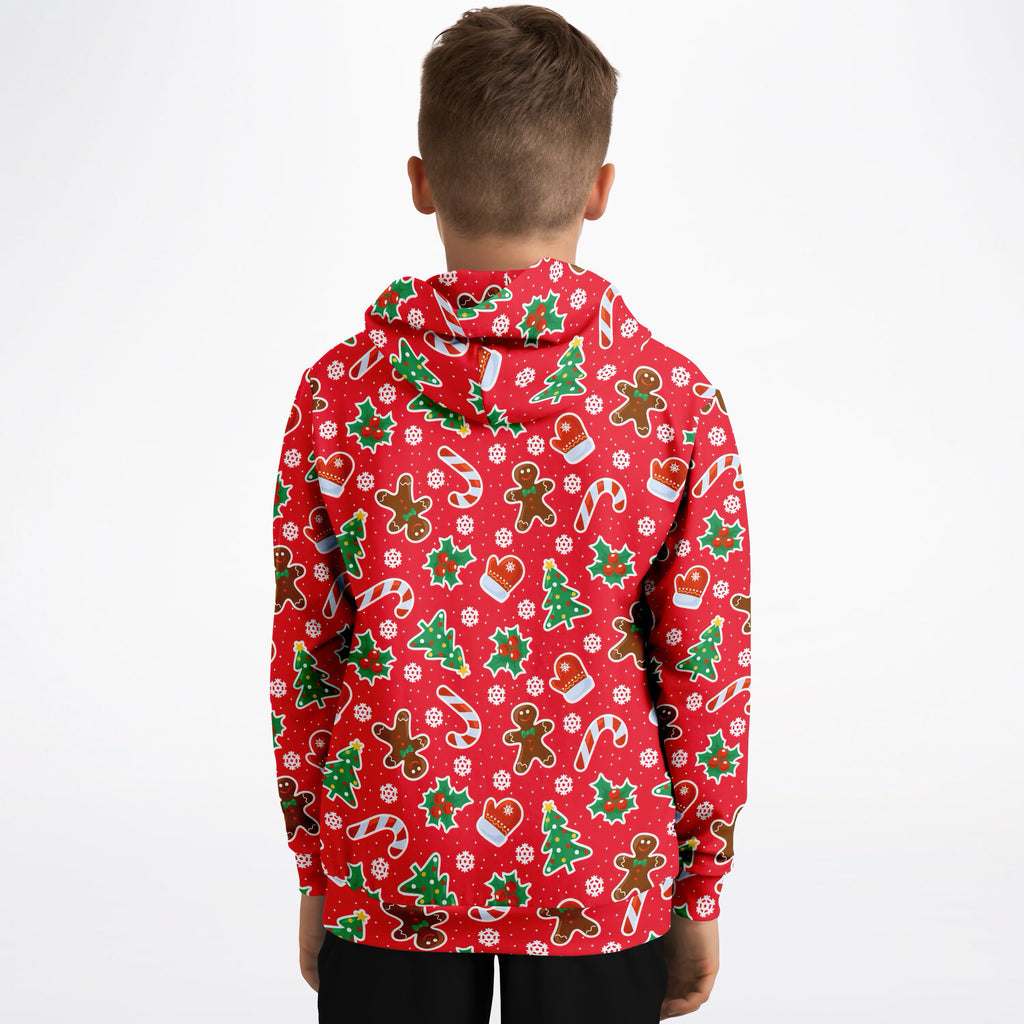 Kids Red Christmas Icons Hoodie – Ultra Comfy & Stretchy, Cozy Fleece or Lightweight Sports Fabric, Double-Layer Hood & Kangaroo Pocket
