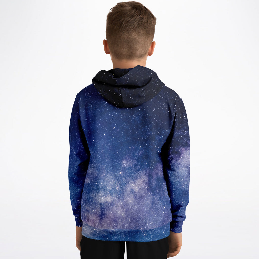 Kids realistic galaxy hoodie in navy blue and purple with black hood made of cozy cotton fleece with star and nebula print