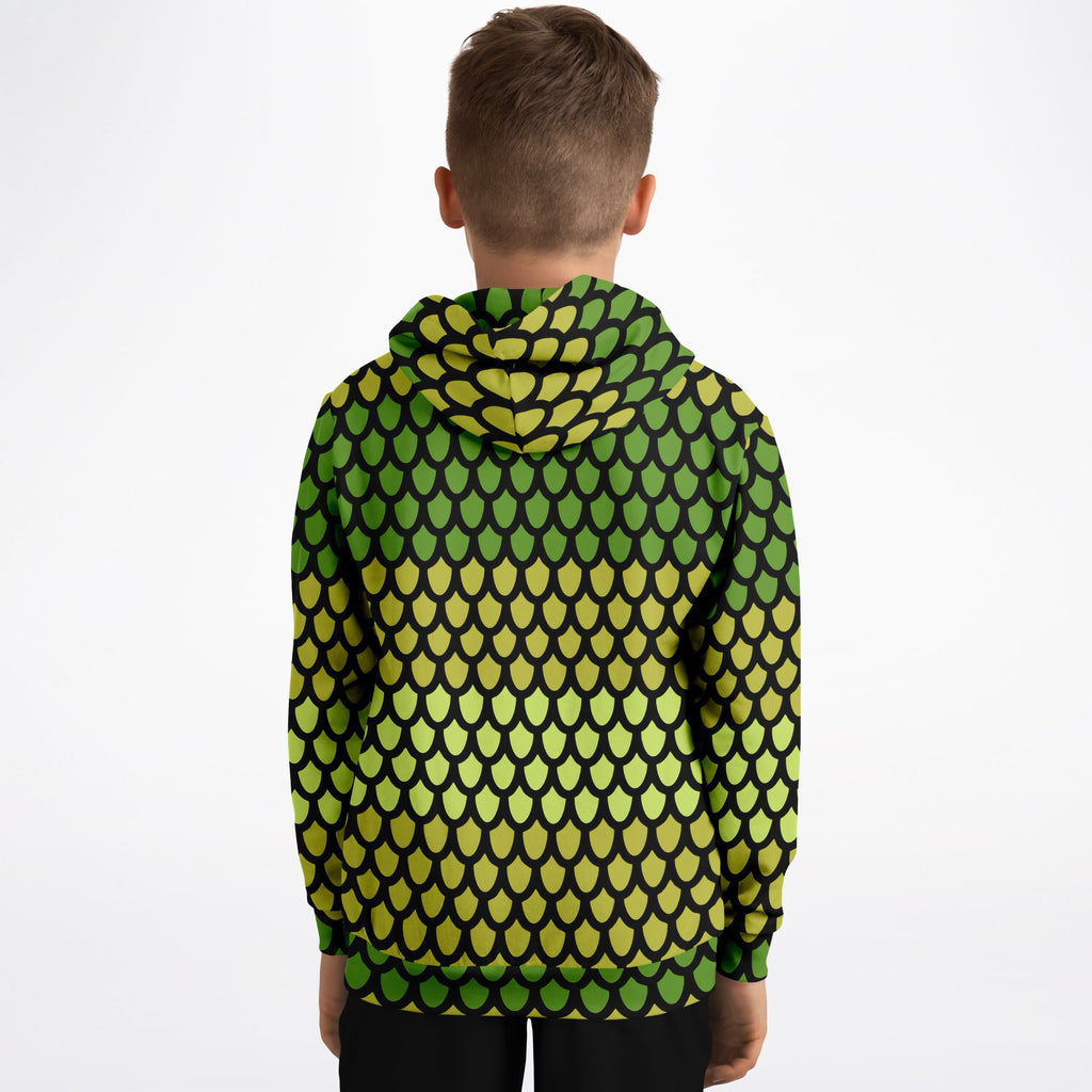 Kids Green Dragon Scales Hoodie – Ultra Comfy & Stretchy, Cozy Fleece or Lightweight Sports Fabric, Double-Layer Hood & Kangaroo Pocket