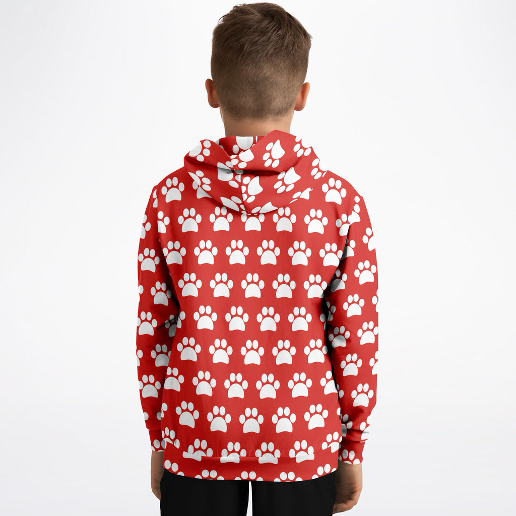 Kids Red Paw Print Hoodie – Ultra Comfy & Stretchy, Cozy Fleece or Lightweight Sports Fabric, Double-Layer Hood & Kangaroo Pocket