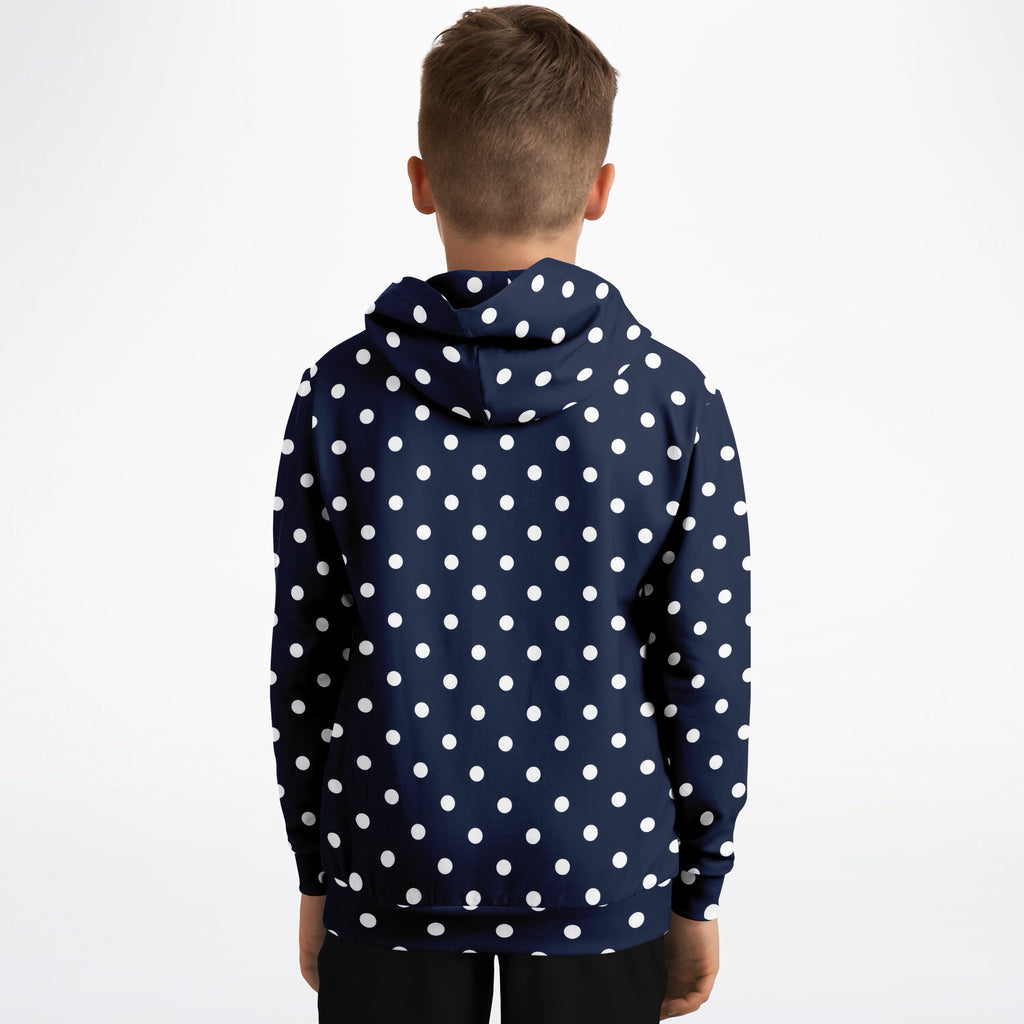 Kids Navy Blue Polka Dot Hoodie – Ultra Comfy & Stretchy, Cozy Fleece or Lightweight Sports Fabric, Double-Layer Hood & Kangaroo Pocket