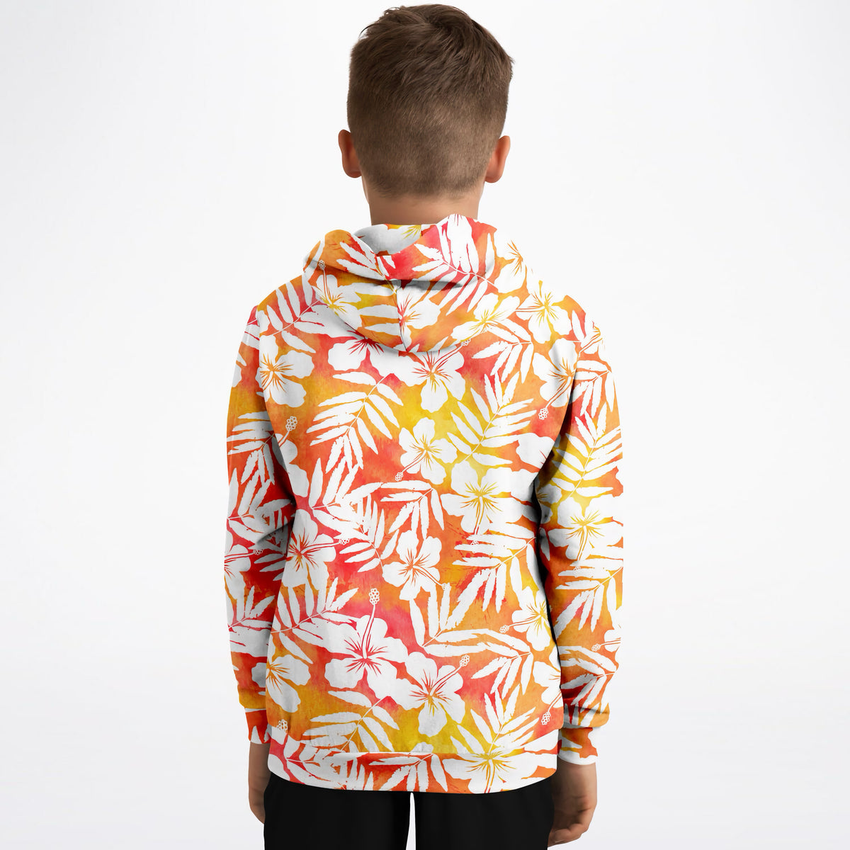 Kids Sunset Orange Tropical Hibiscus Hoodie – Ultra Comfy & Stretchy, Cozy Fleece or Lightweight Sports Fabric, Double-Layer Hood & Kangaroo Pocket