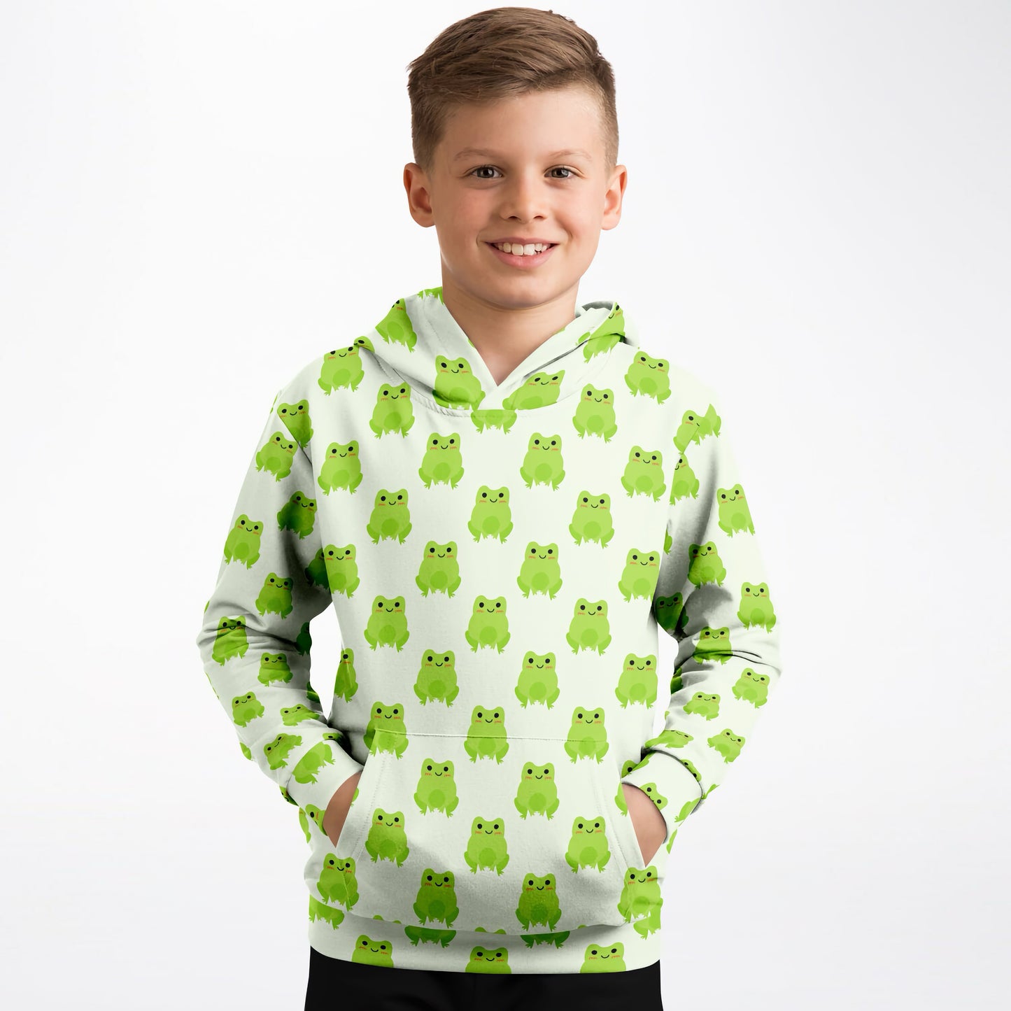 Kids Green Frog Hoodie – Cozy Cotton Fleece or Lightweight Sports Fabric