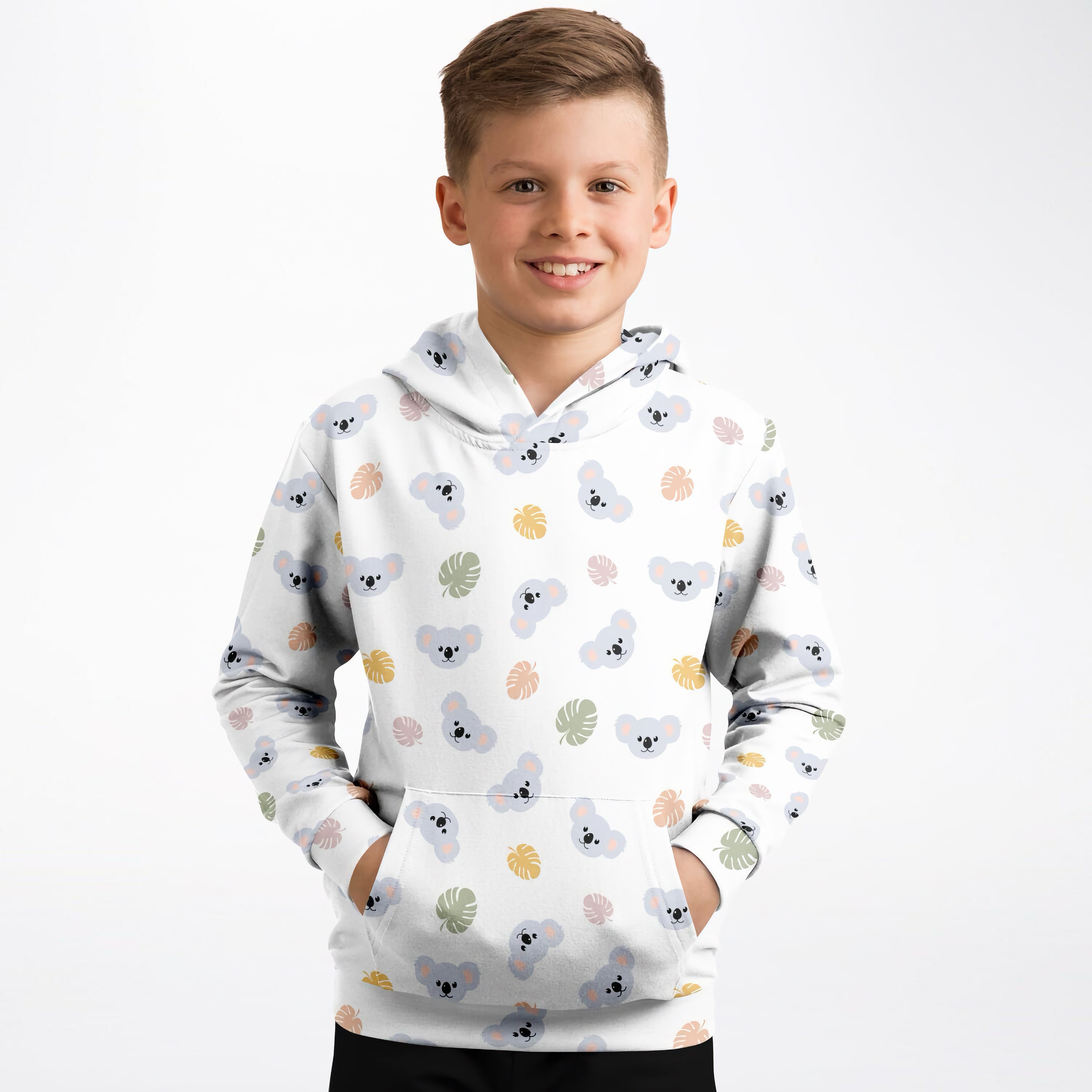 White kids koala bear hoodie with gray koala and pastel leaves pattern made from cozy cotton fleece or lightweight fabric