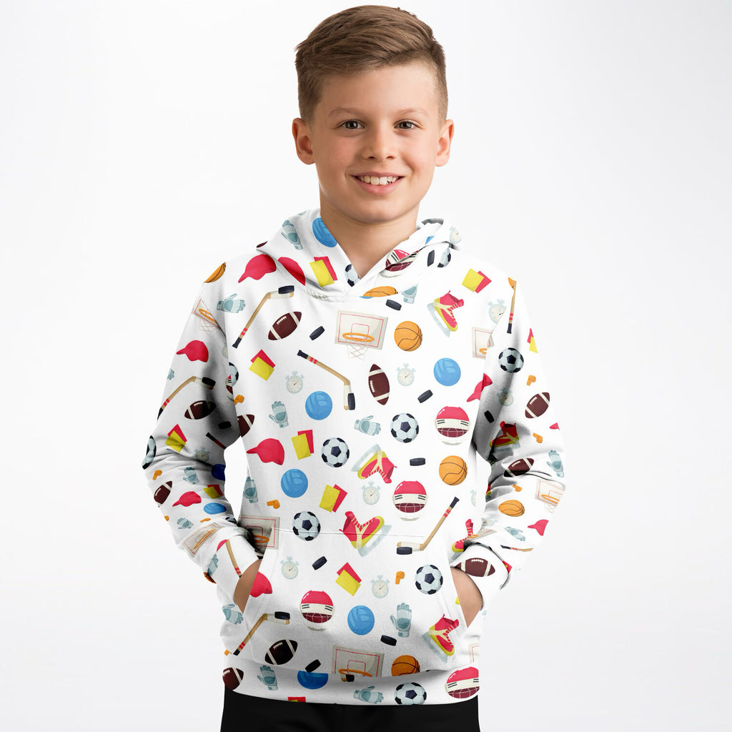 White kids sports themed hoodie with colorful sports icons all over made of cozy cotton fleece or lightweight fabric