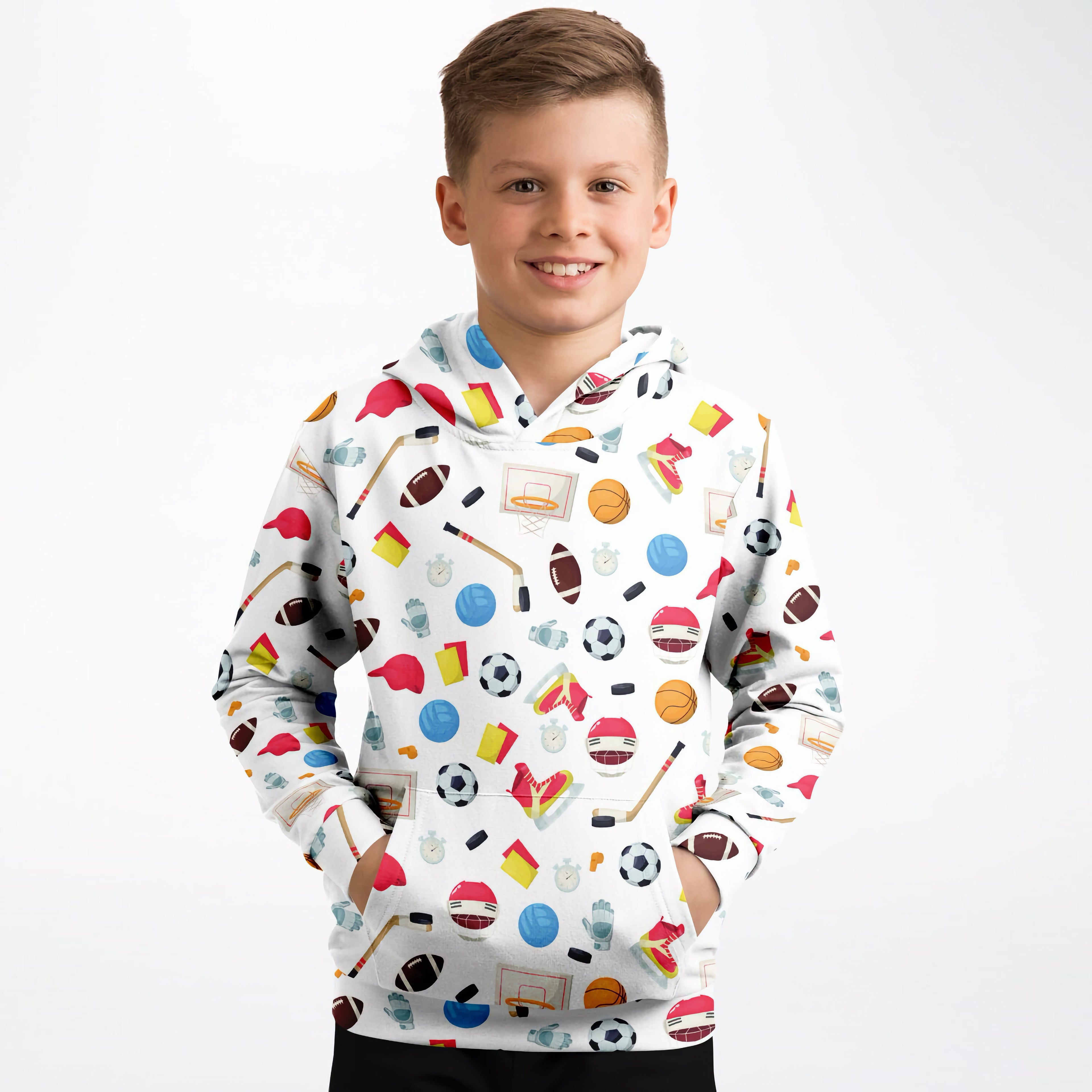 White kids sports themed hoodie with colorful sports icons all over made of cozy cotton fleece or lightweight fabric