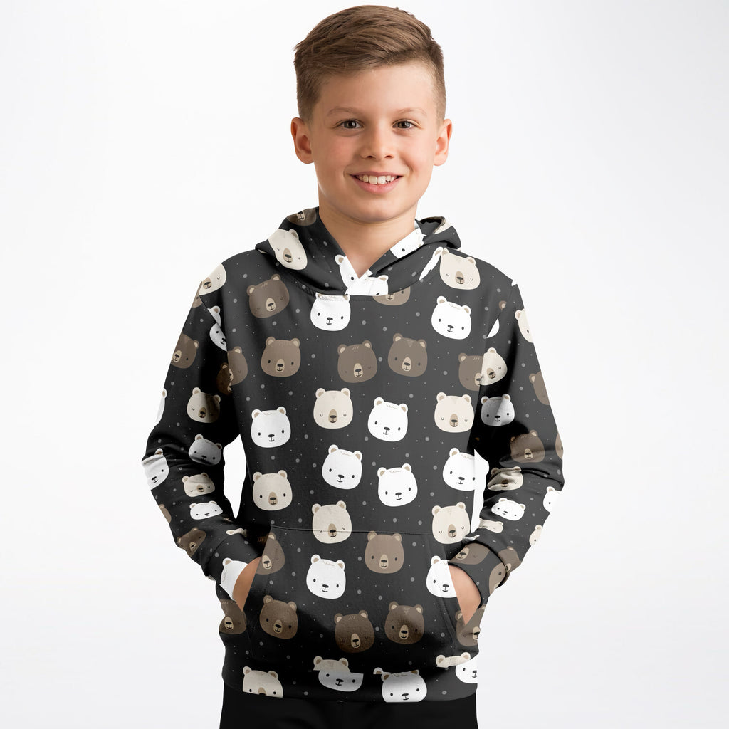 Black kids bear face hoodie with playful white and brown bear pattern made of cozy cotton fleece or lightweight fabric