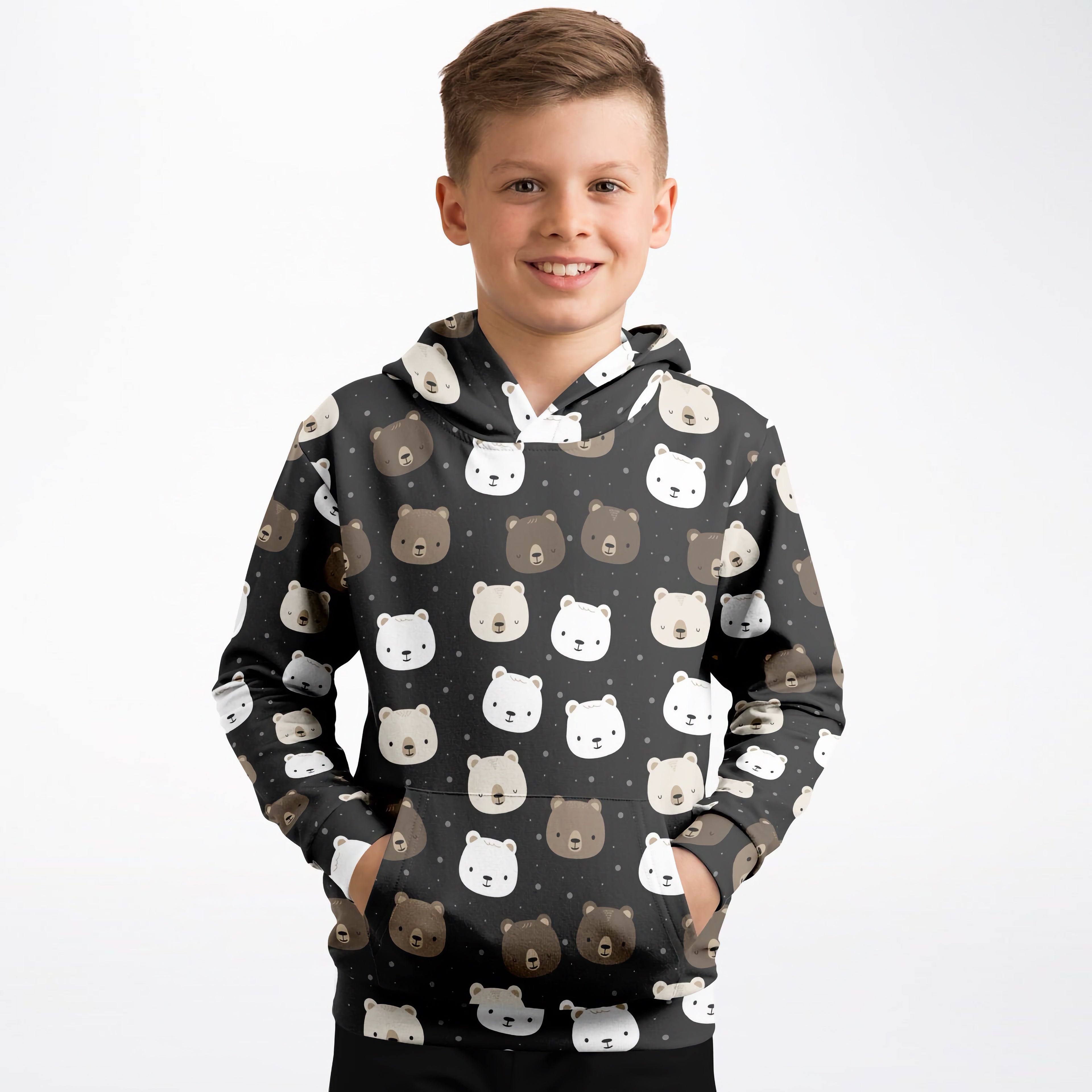 Black kids bear face hoodie with playful white and brown bear pattern made of cozy cotton fleece or lightweight fabric