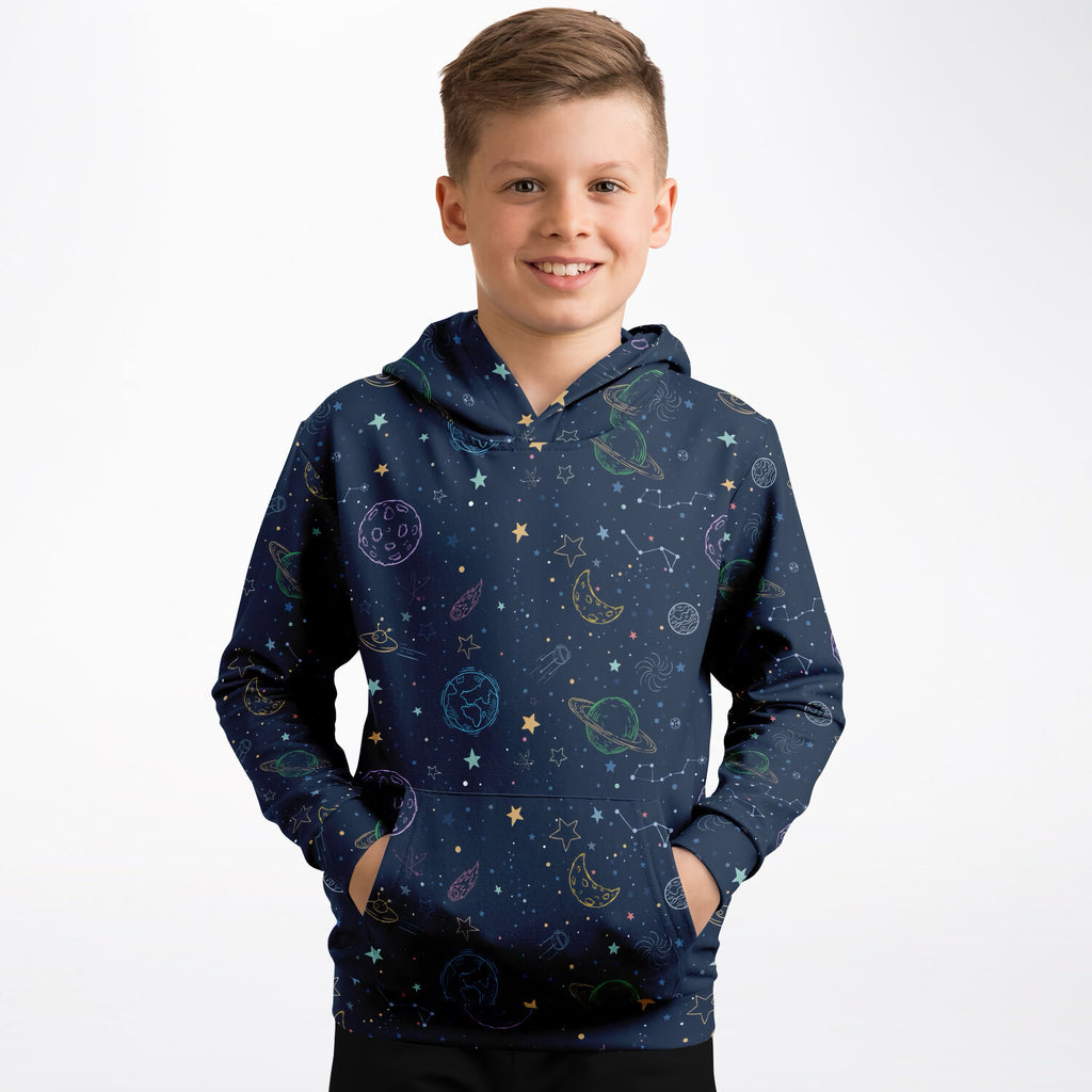 Dark blue kids colorful galaxy space hoodie with playful pastel planets and stars print in cozy cotton fleece