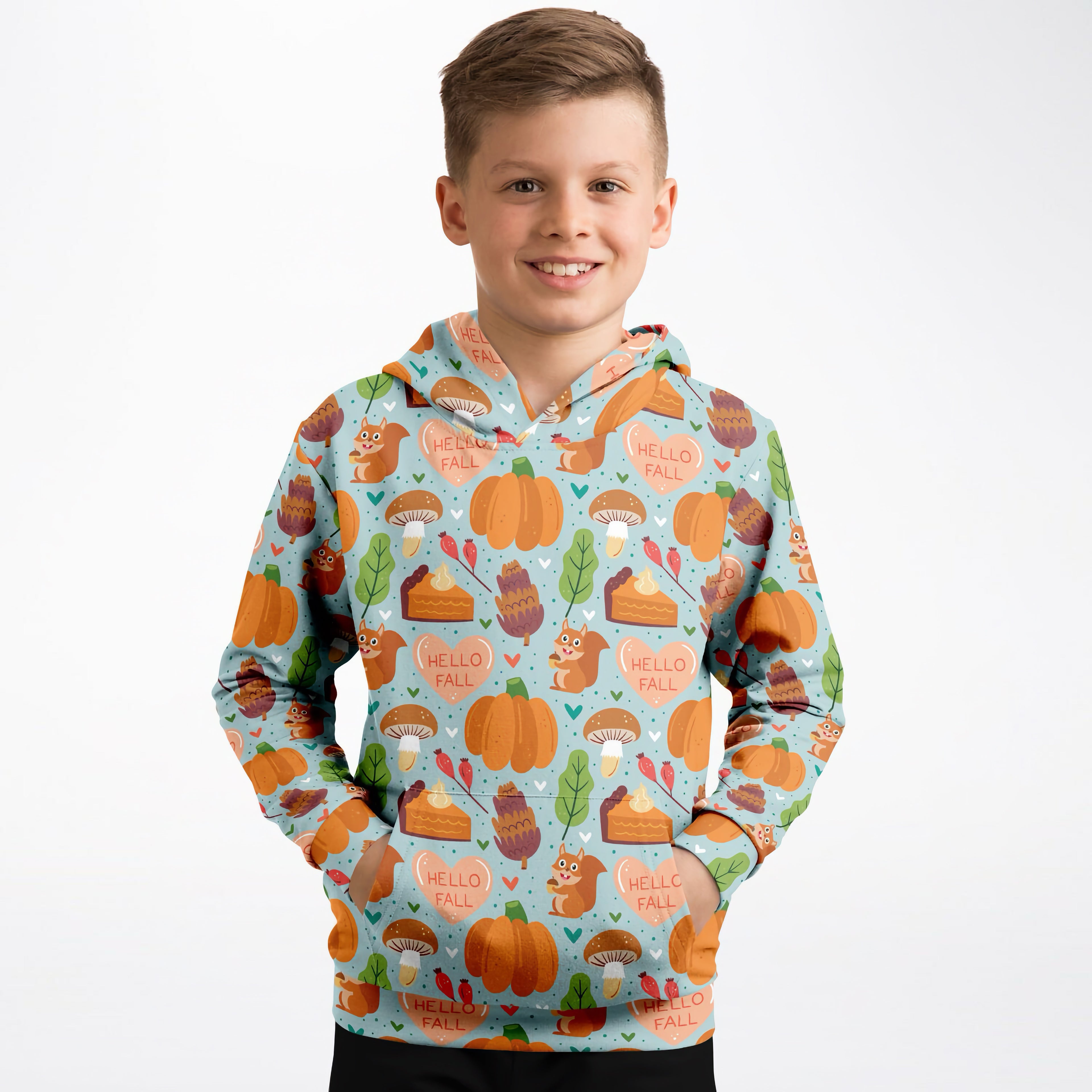 A light blue kids hello fall hoodie with playful autumn pumpkins squirrels mushrooms and pie slices in cozy cotton fleece