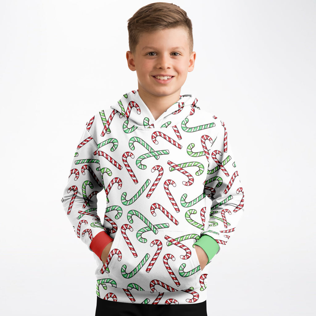 Kids Red & Green Candy Cane Christmas Hoodie – Cozy Cotton Fleece or Lightweight Sports Fabric