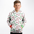 Kids Red & Green Candy Cane Christmas Hoodie – Cozy Cotton Fleece or Lightweight Sports Fabric