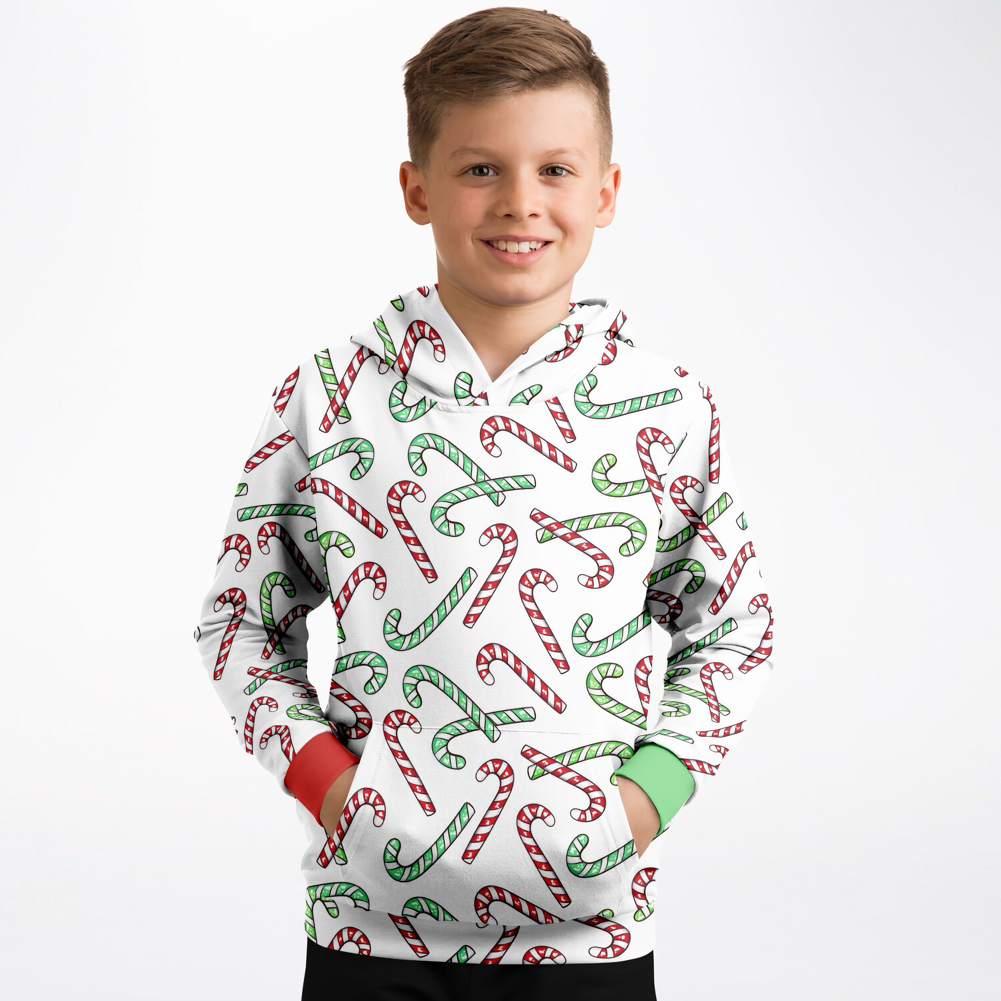 Kids Red & Green Candy Cane Christmas Hoodie – Cozy Cotton Fleece or Lightweight Sports Fabric