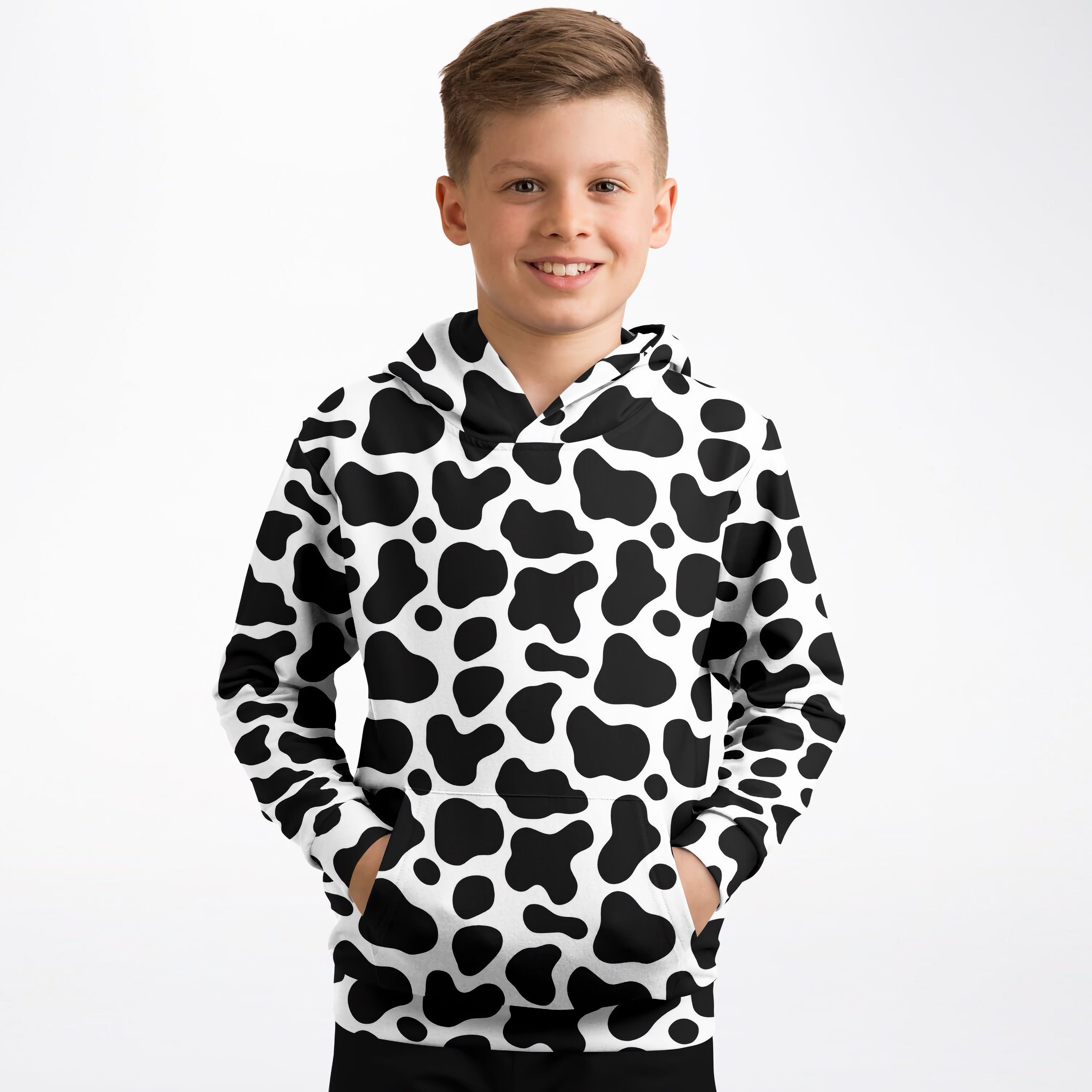 Kids Cow Print Hoodie – Cozy Cotton Fleece or Lightweight Sports Fabric