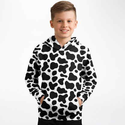 Kids Cow Print Hoodie – Cozy Cotton Fleece or Lightweight Sports Fabric
