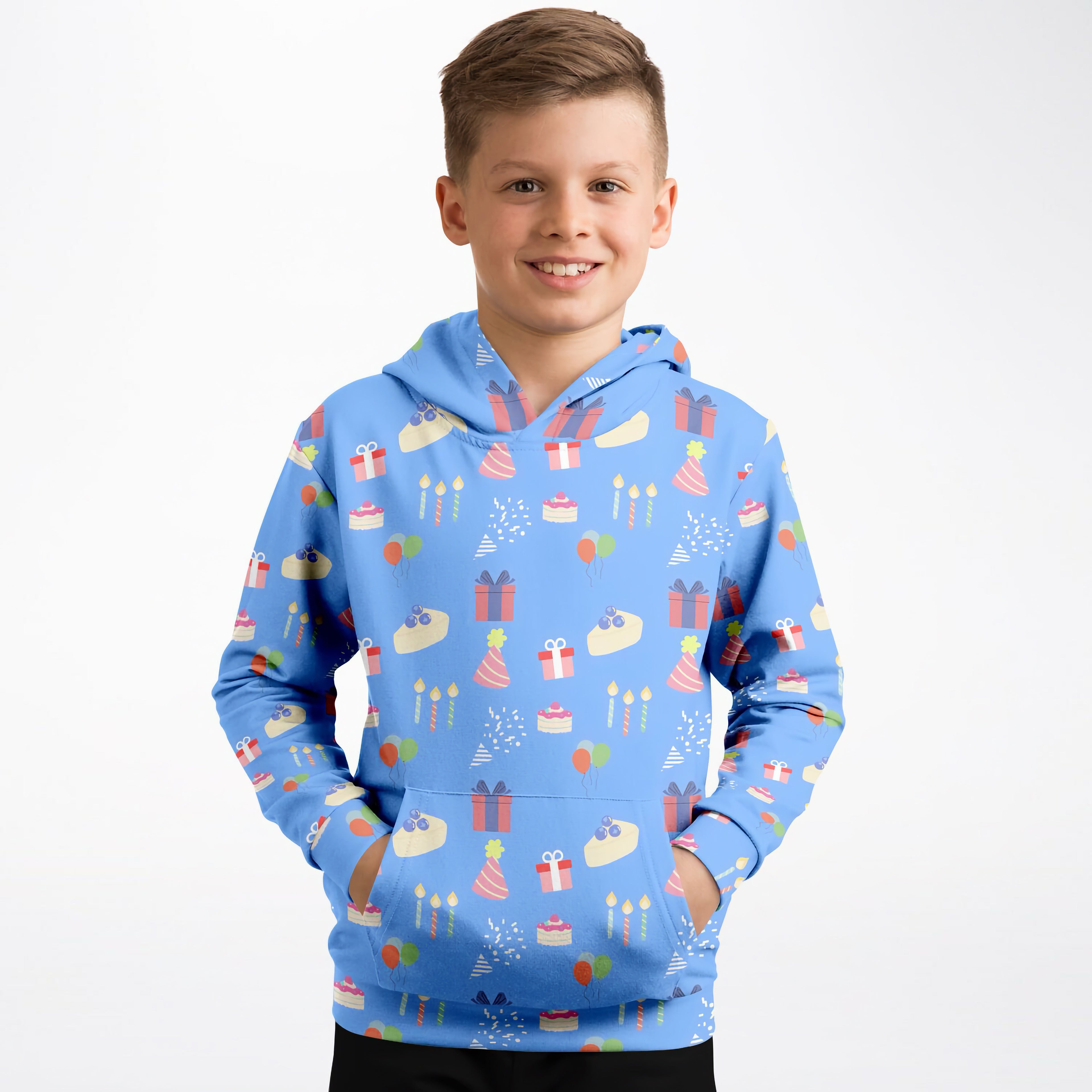 Kids Blue Birthday Pattern Hoodie – Cozy Cotton Fleece or Lightweight Sports Fabric