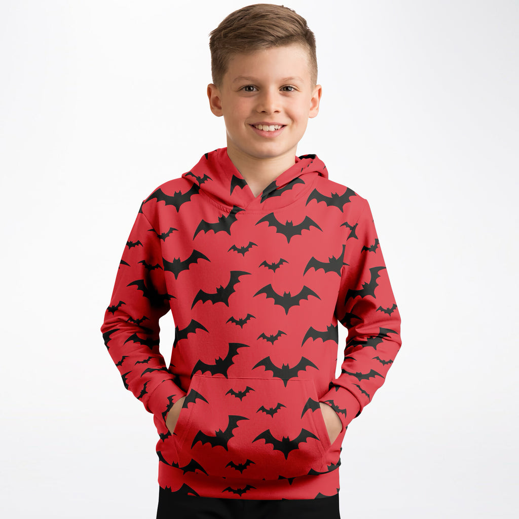 Kids Red Bats Halloween Hoodie – Cozy Cotton Fleece or Lightweight Sports Fabric