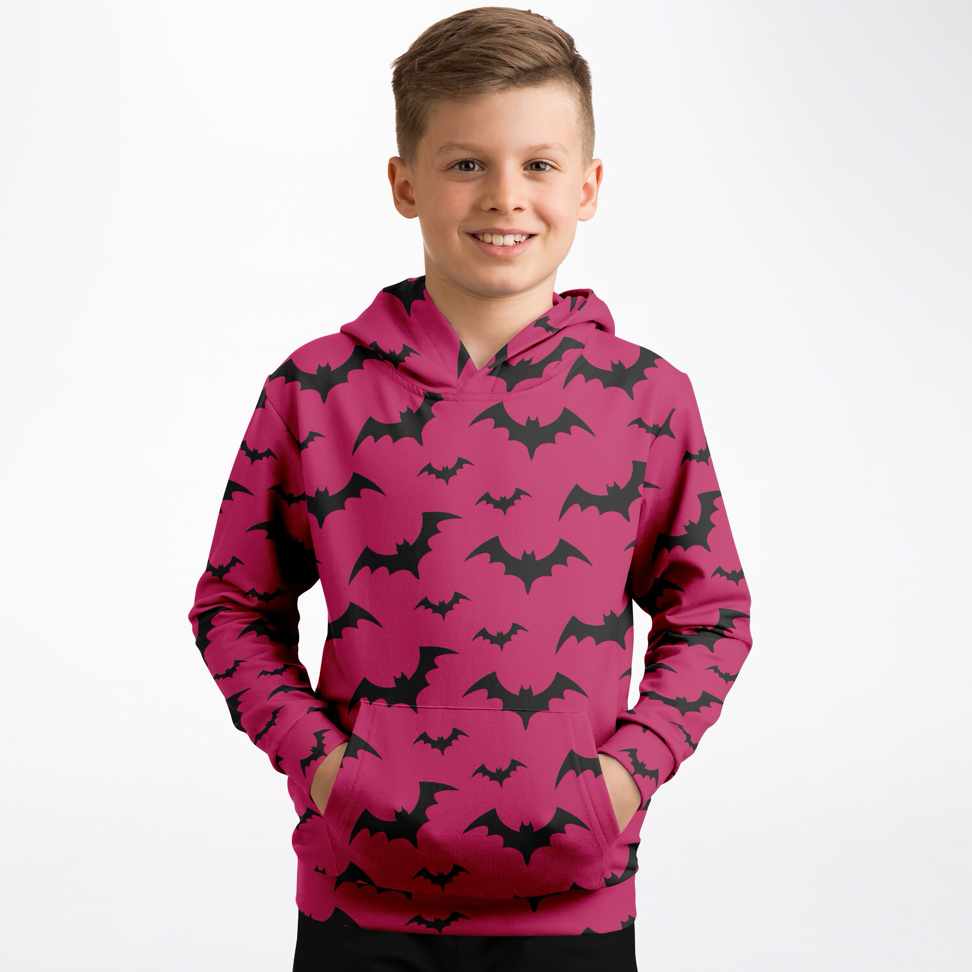 Kids Pink Bats Halloween Hoodie – Cozy Cotton Fleece or Lightweight Sports Fabric