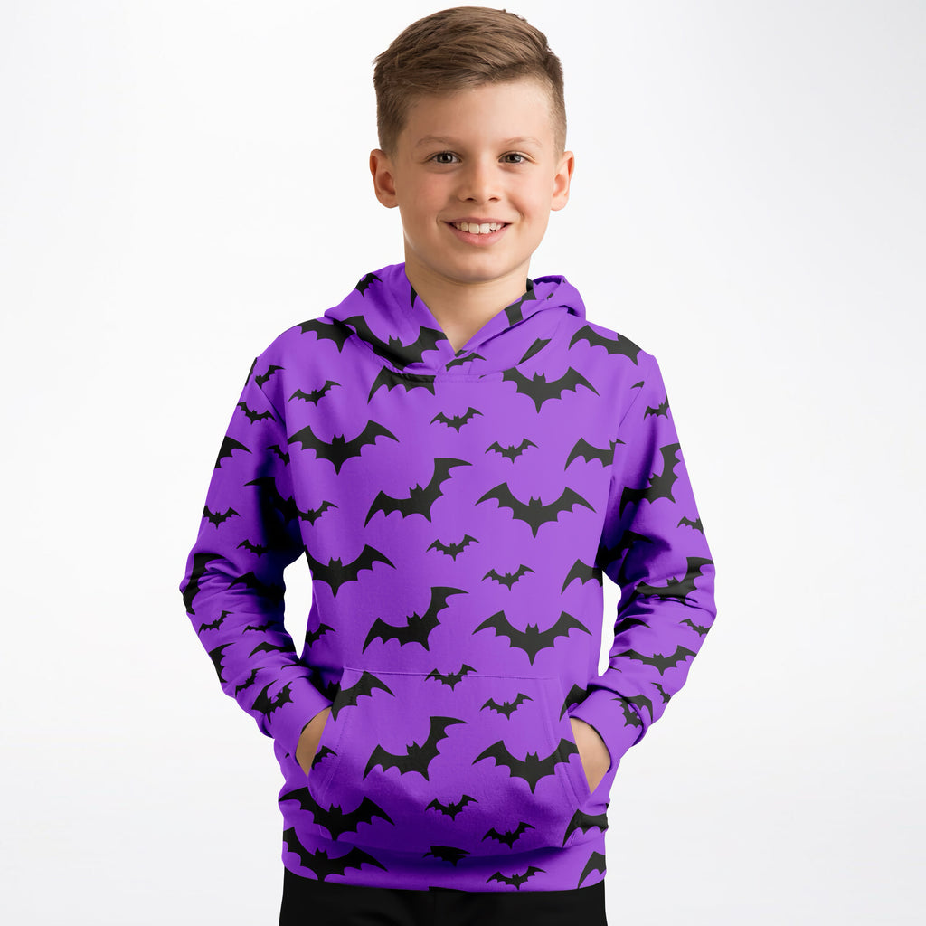 Kids purple bats halloween hoodie with black bat patterns made of cozy cotton fleece or lightweight sports fabric