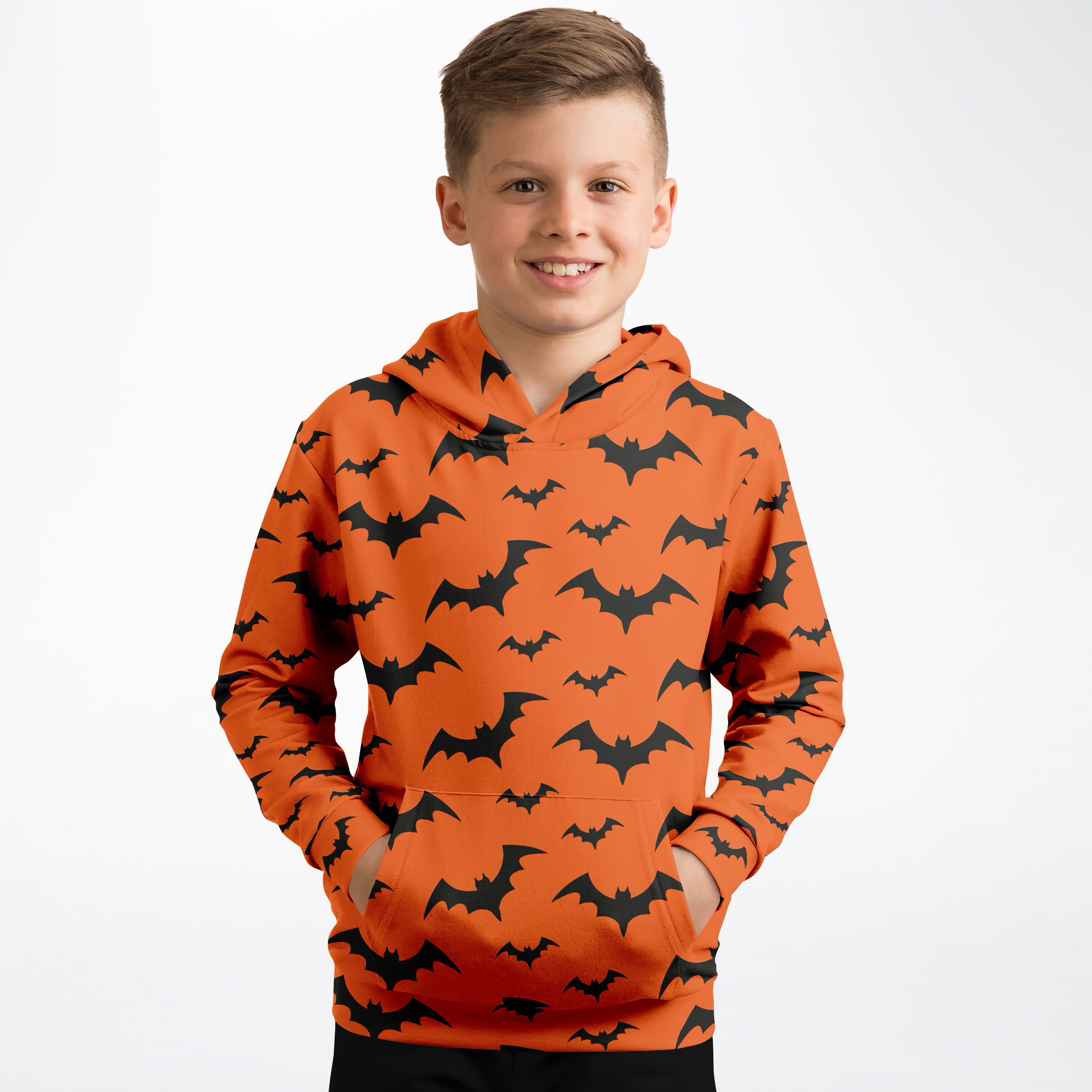 Kids orange hoodie with black bat prints made of cozy cotton fleece or lightweight sports fabric for halloween