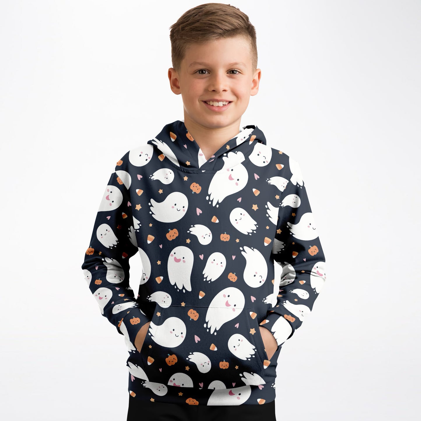 Kids Ghost Halloween Hoodie – Cozy Cotton Fleece or Lightweight Sports Fabric