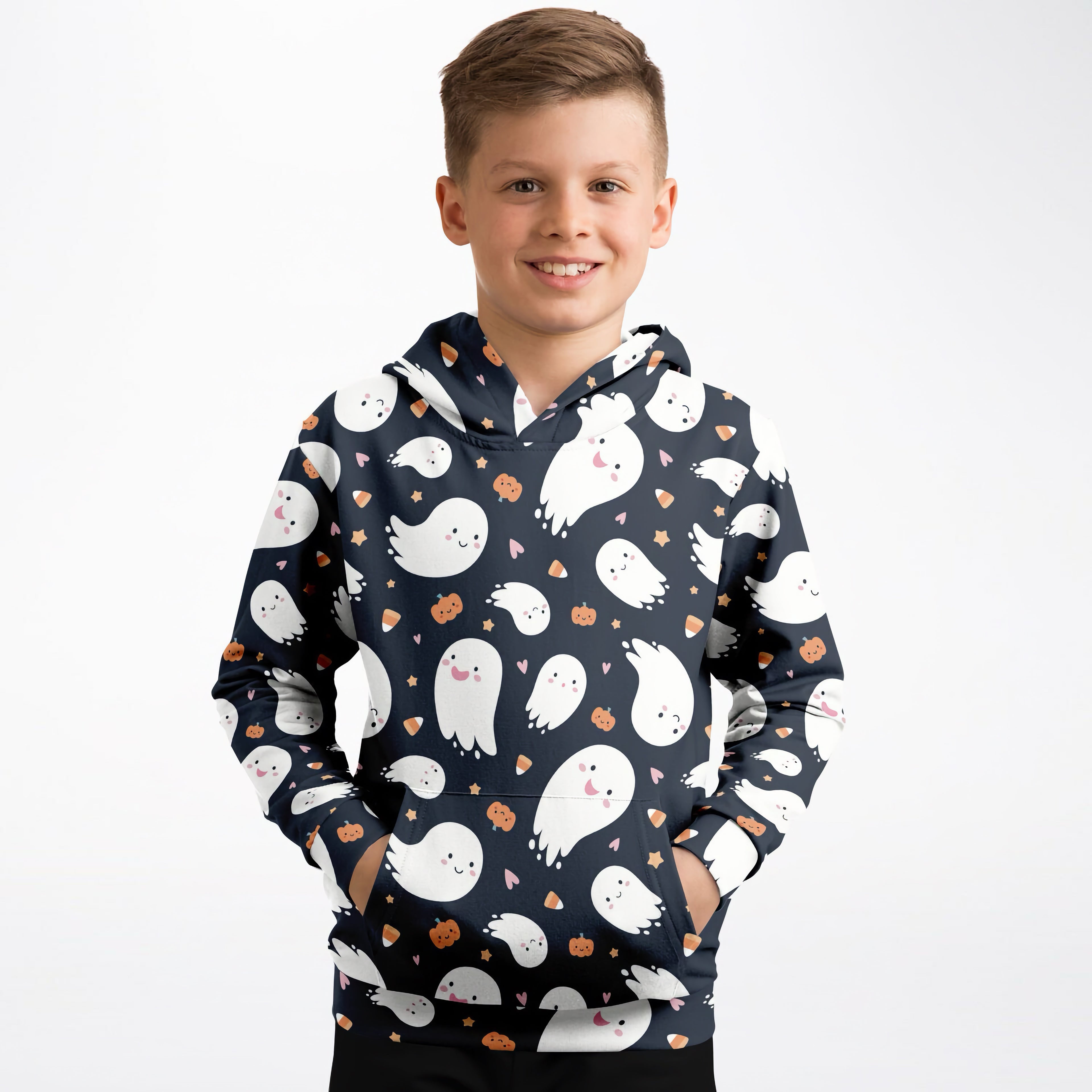 Kids ghost halloween hoodie in navy blue cotton fleece with white ghosts orange pumpkins and candy corn pattern